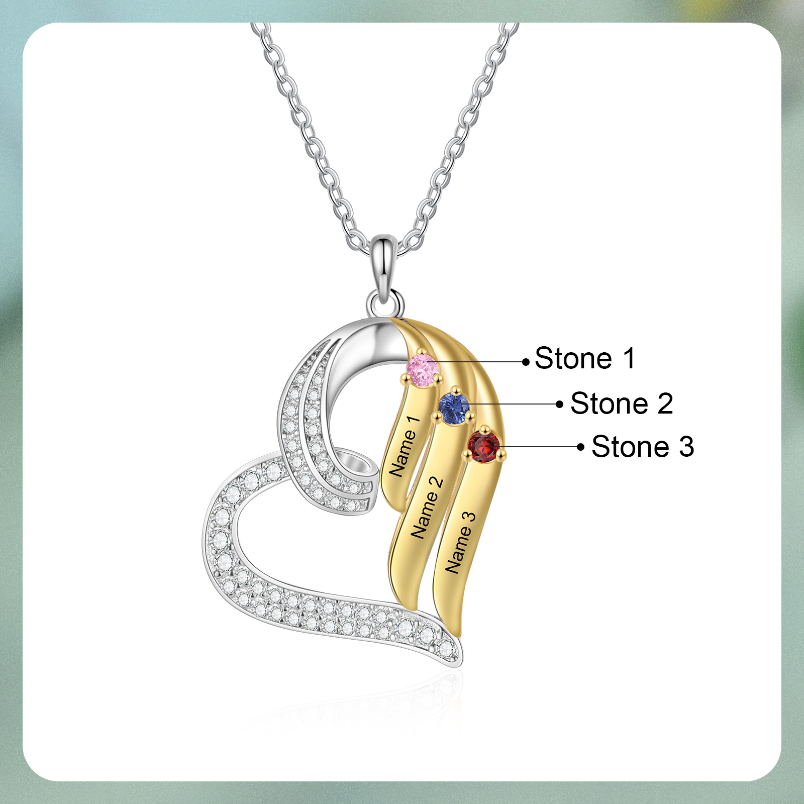 Personalised Heart Necklace Custom 3 Birthstones & Names Jewelry Ideal Christmas Gift-Jessemade AU