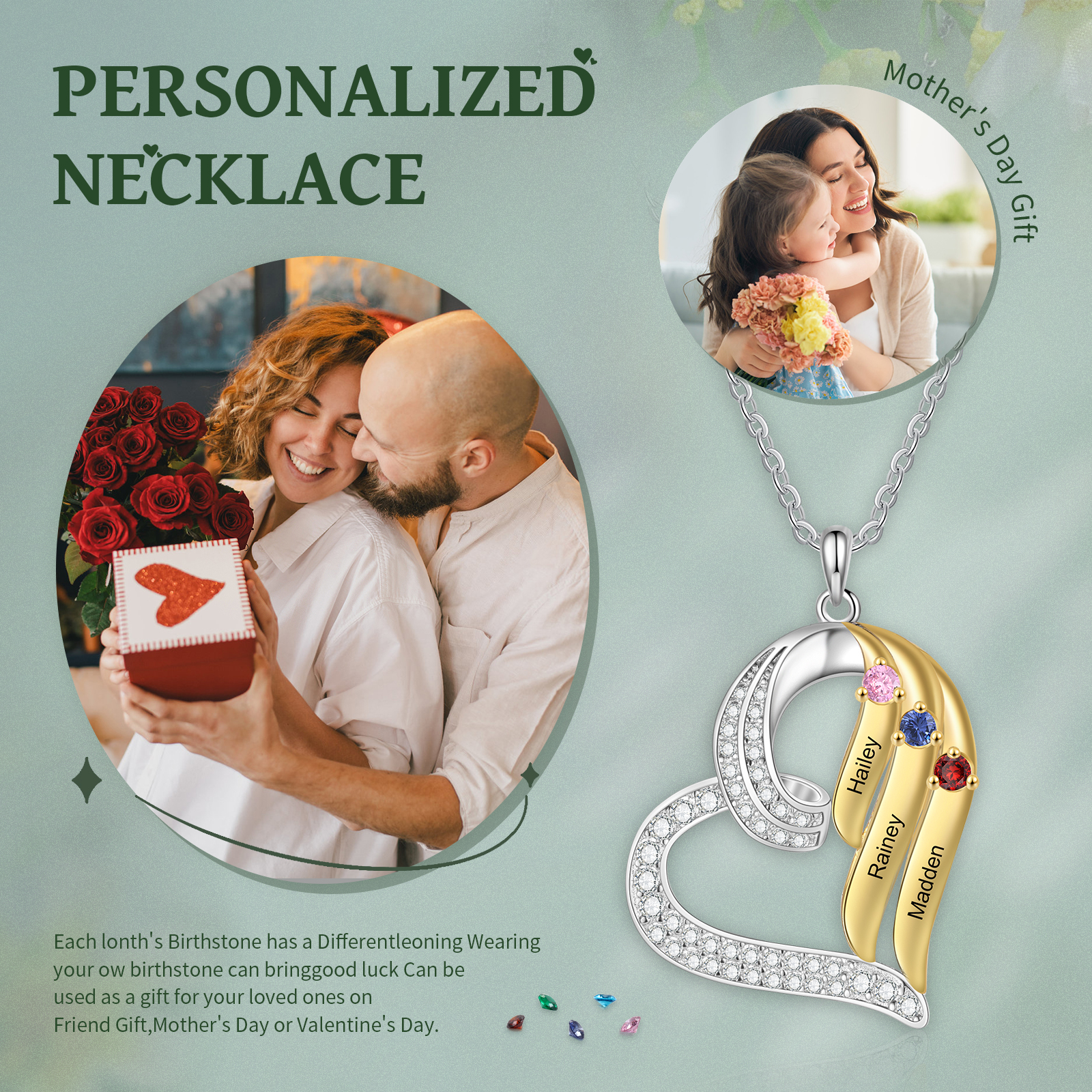 Personalised Heart Necklace Custom 3 Birthstones & Names Jewelry Ideal Christmas Gift-Jessemade AU