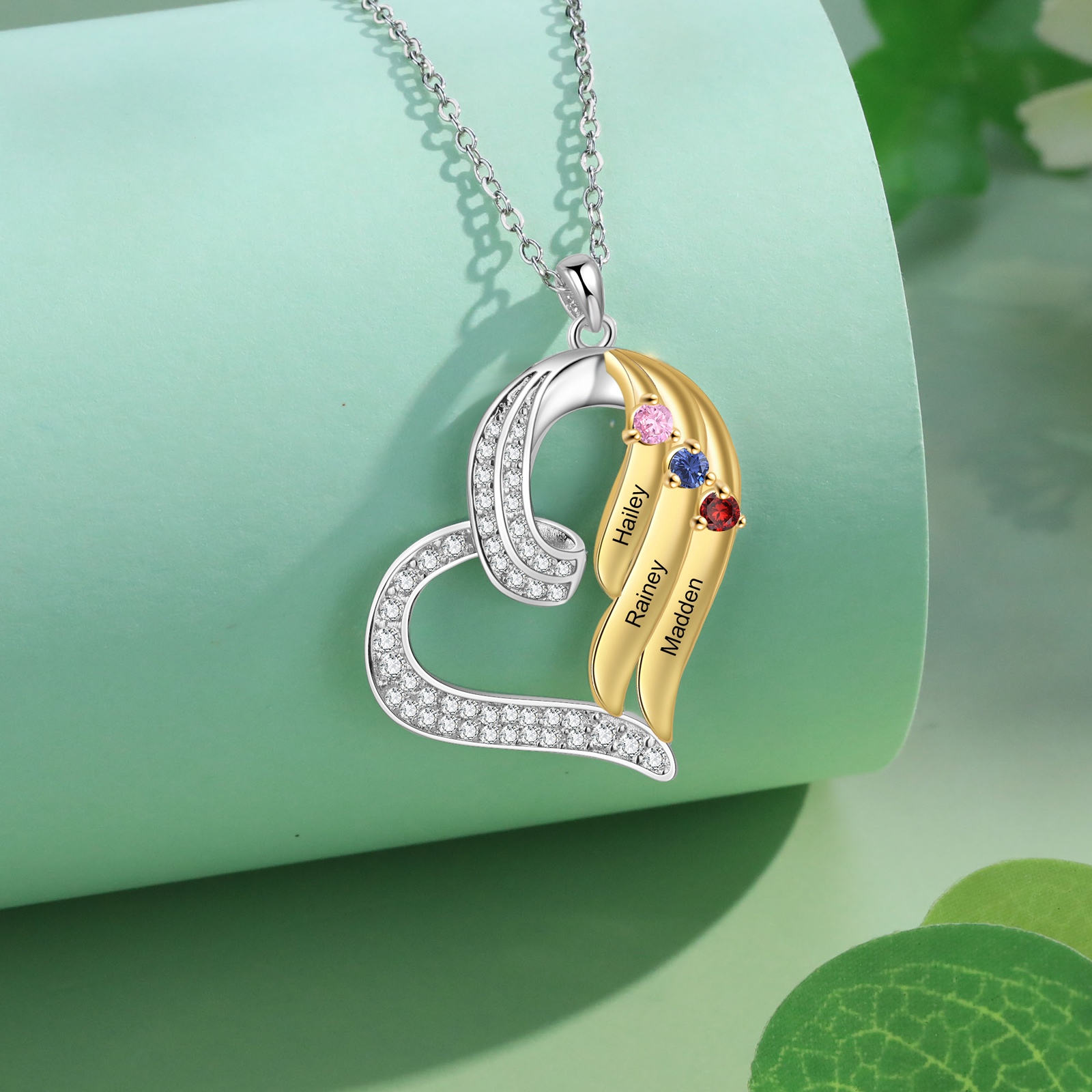 Personalised Heart Necklace Custom 3 Birthstones & Names Jewelry Ideal Christmas Gift-Jessemade AU