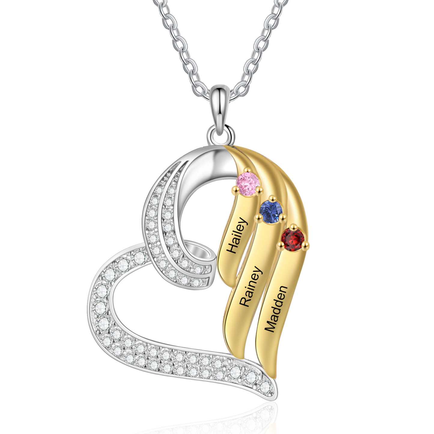 Personalised Heart Necklace Custom 3 Birthstones & Names Jewelry Ideal Christmas Gift-Jessemade AU