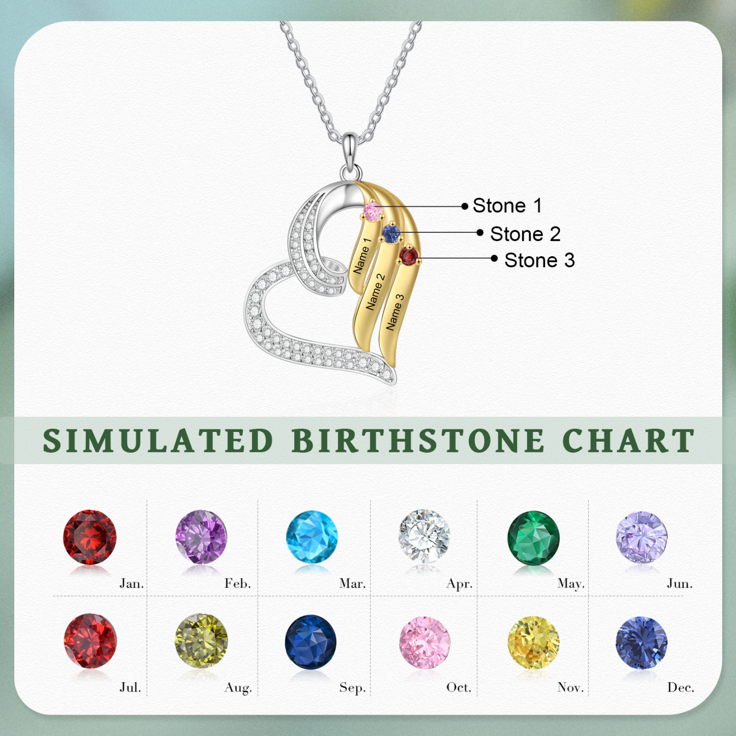 Personalised Heart Necklace Custom 3 Birthstones & Names Jewelry Ideal Christmas Gift-Jessemade AU