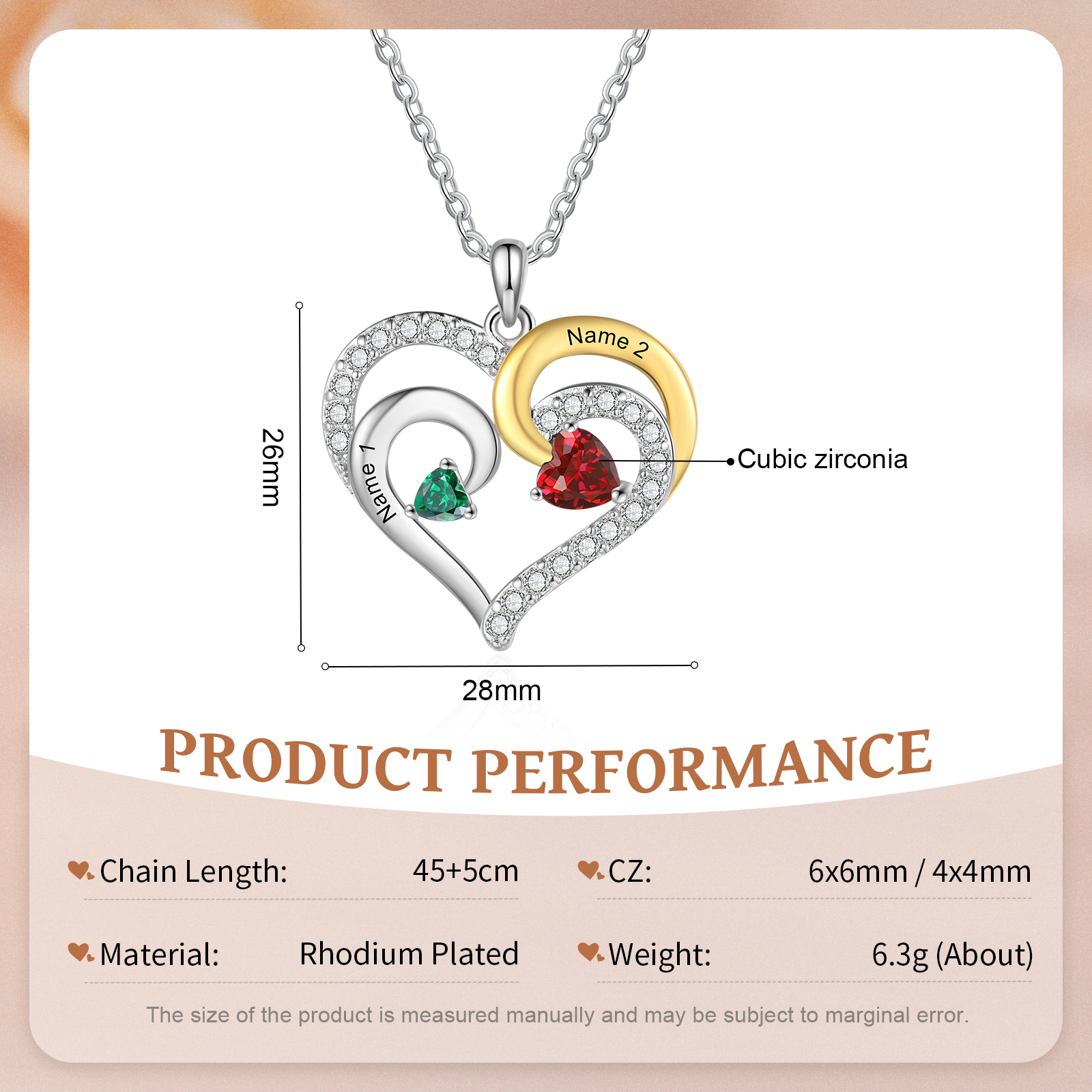 Personalised Heart Necklace Custom 2 Birthstones and Names Jewelry Ideal Christmas Gift-Jessemade AU