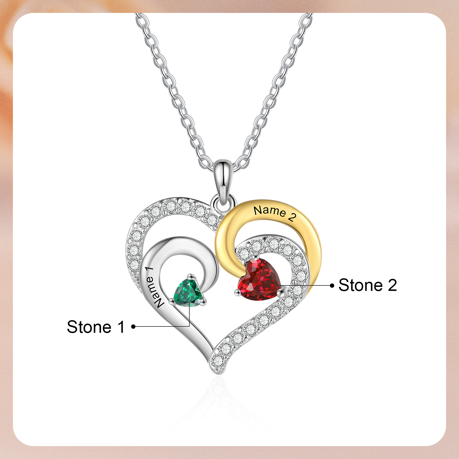 Personalised Heart Necklace Custom 2 Birthstones and Names Jewelry Ideal Christmas Gift-Jessemade AU