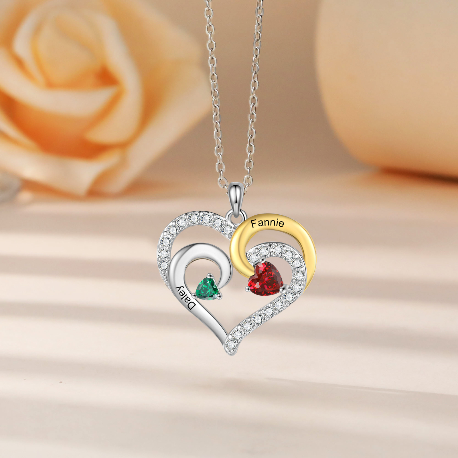 Personalised Heart Necklace Custom 2 Birthstones and Names Jewelry Ideal Christmas Gift-Jessemade AU