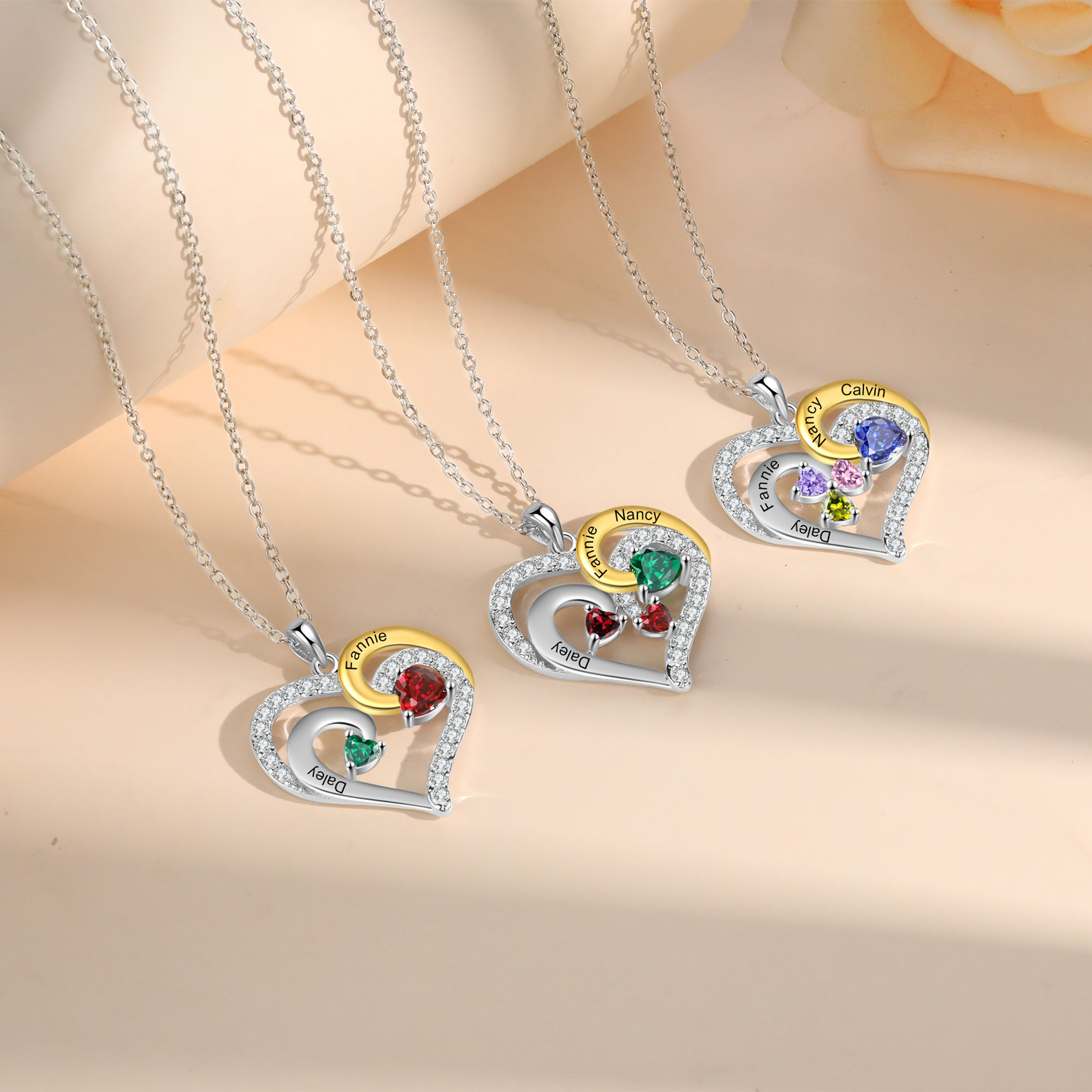 Personalised Heart Necklace Custom 2 Birthstones and Names Jewelry Ideal Christmas Gift-Jessemade AU