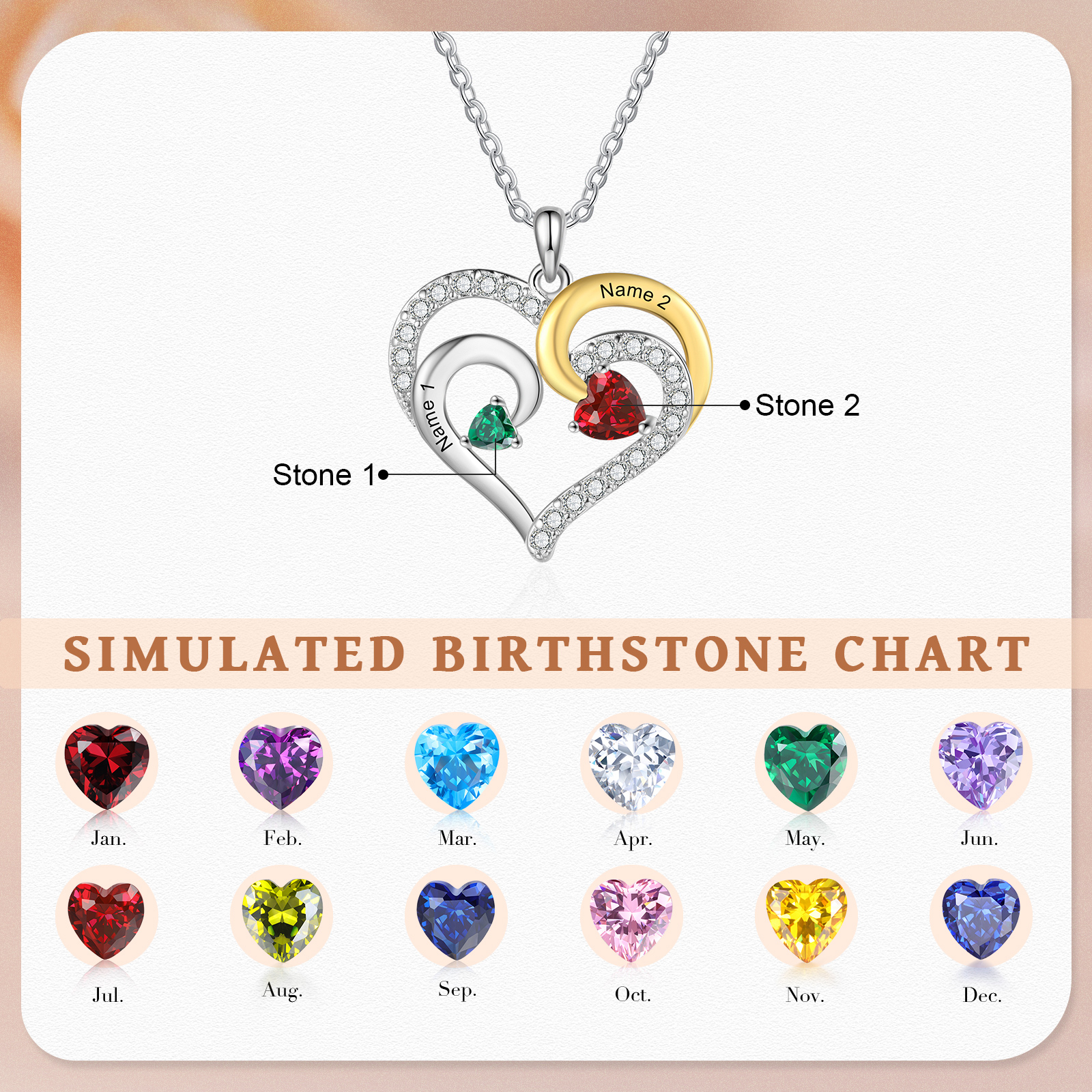 Personalised Heart Necklace Custom 2 Birthstones and Names Jewelry Ideal Christmas Gift-Jessemade AU