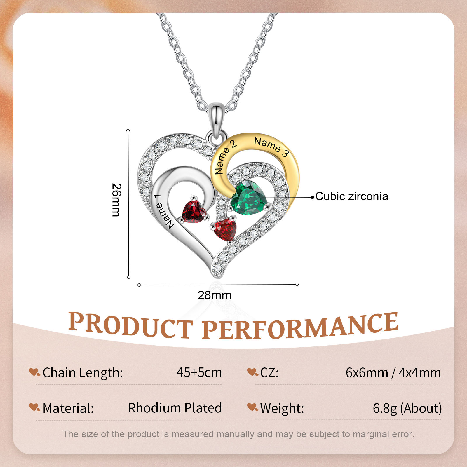 Personalised Heart Necklace Custom 3 Birthstones and Names Jewelry Ideal Christmas Gift for Her-Jessemade AU