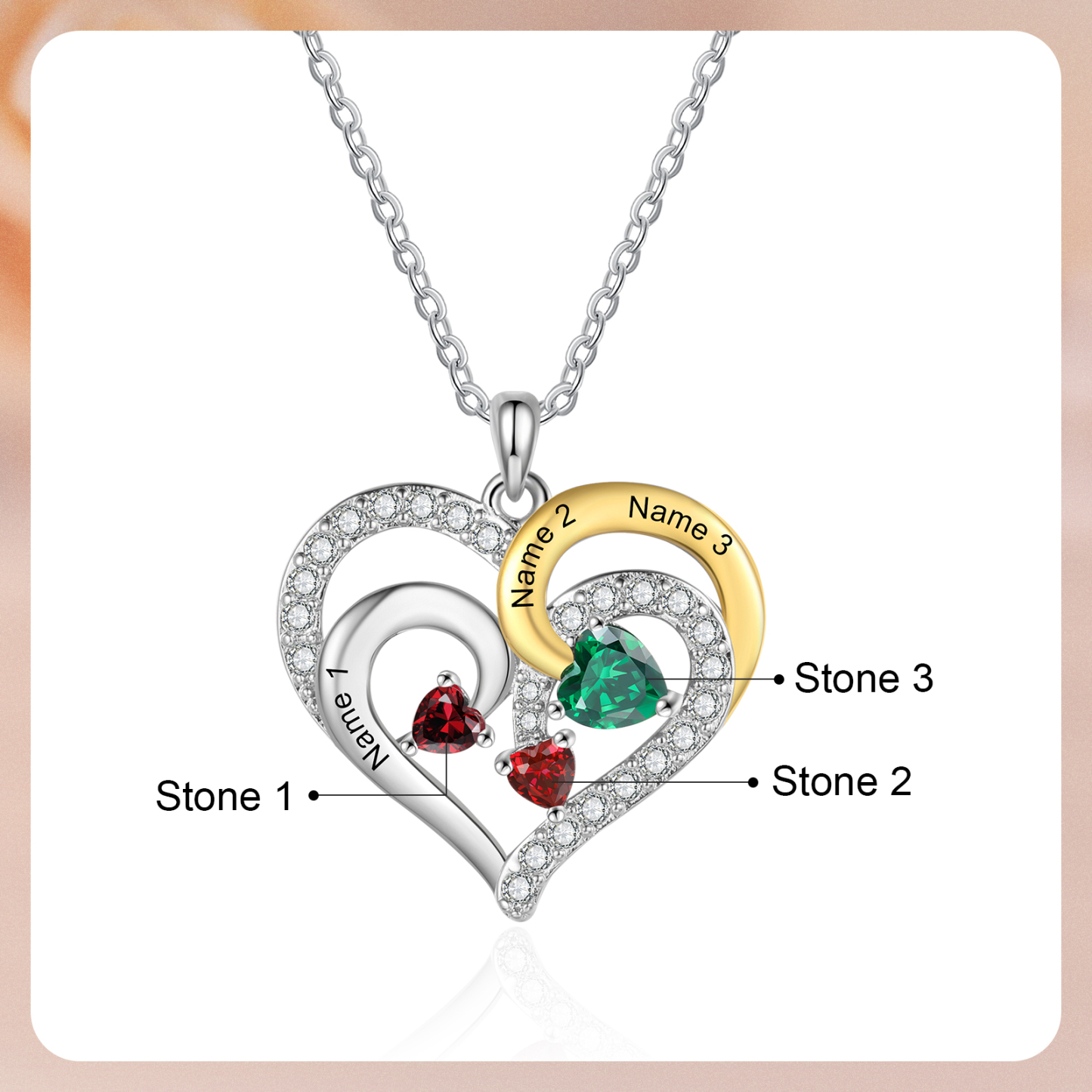 Personalised Heart Necklace Custom 3 Birthstones and Names Jewelry Ideal Christmas Gift for Her-Jessemade AU