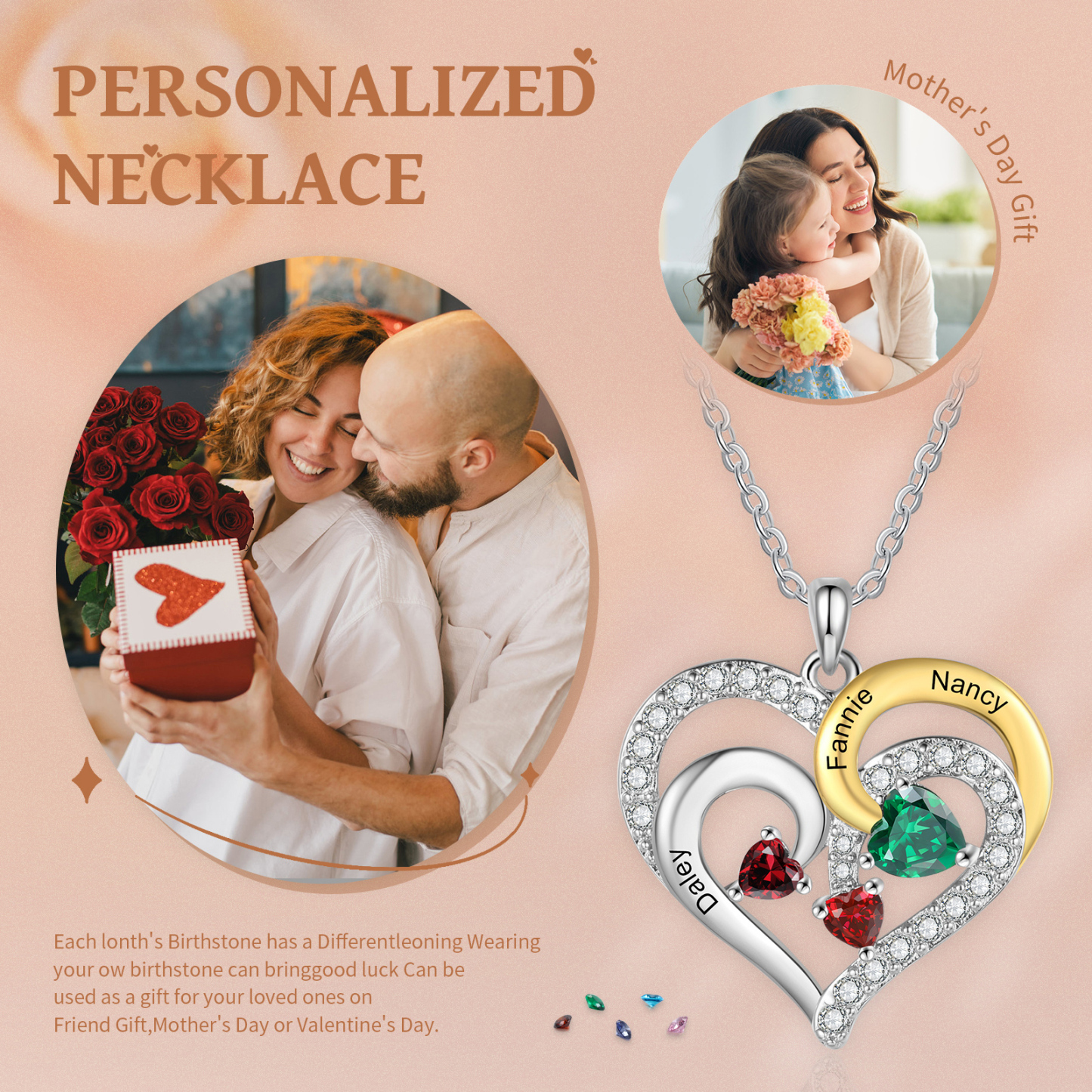 Personalised Heart Necklace Custom 3 Birthstones and Names Jewelry Ideal Christmas Gift for Her-Jessemade AU