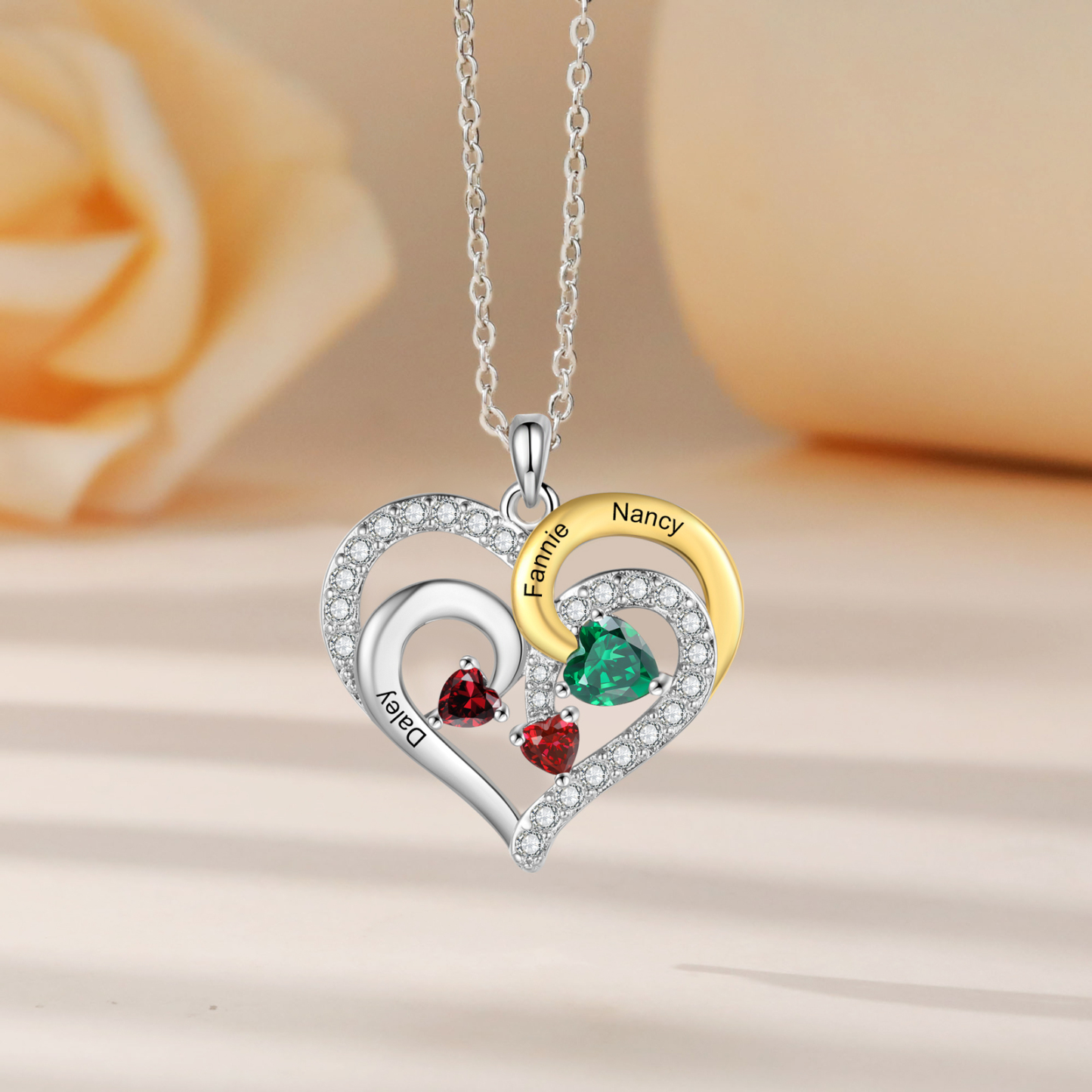 Personalised Heart Necklace Custom 3 Birthstones and Names Jewelry Ideal Christmas Gift for Her-Jessemade AU