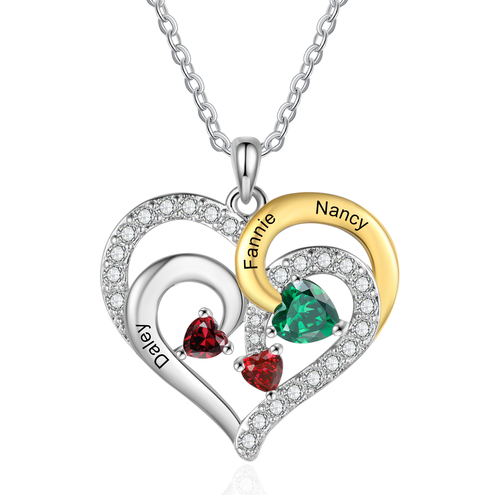 Personalised Heart Necklace Custom 3 Birthstones and Names Jewelry Ideal Christmas Gift for Her