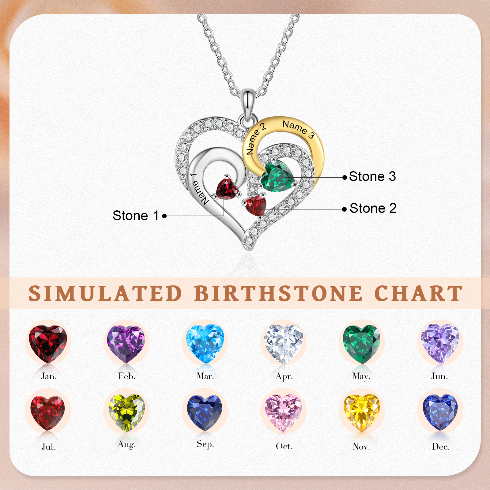 Personalised Heart Necklace Custom 3 Birthstones and Names Jewelry Ideal Christmas Gift for Her-Jessemade AU