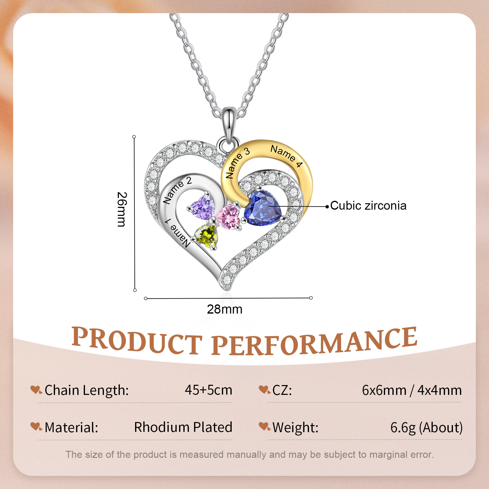 Personalised Heart Necklace Custom 4 Birthstones and Names Jewelry Ideal Christmas Gift