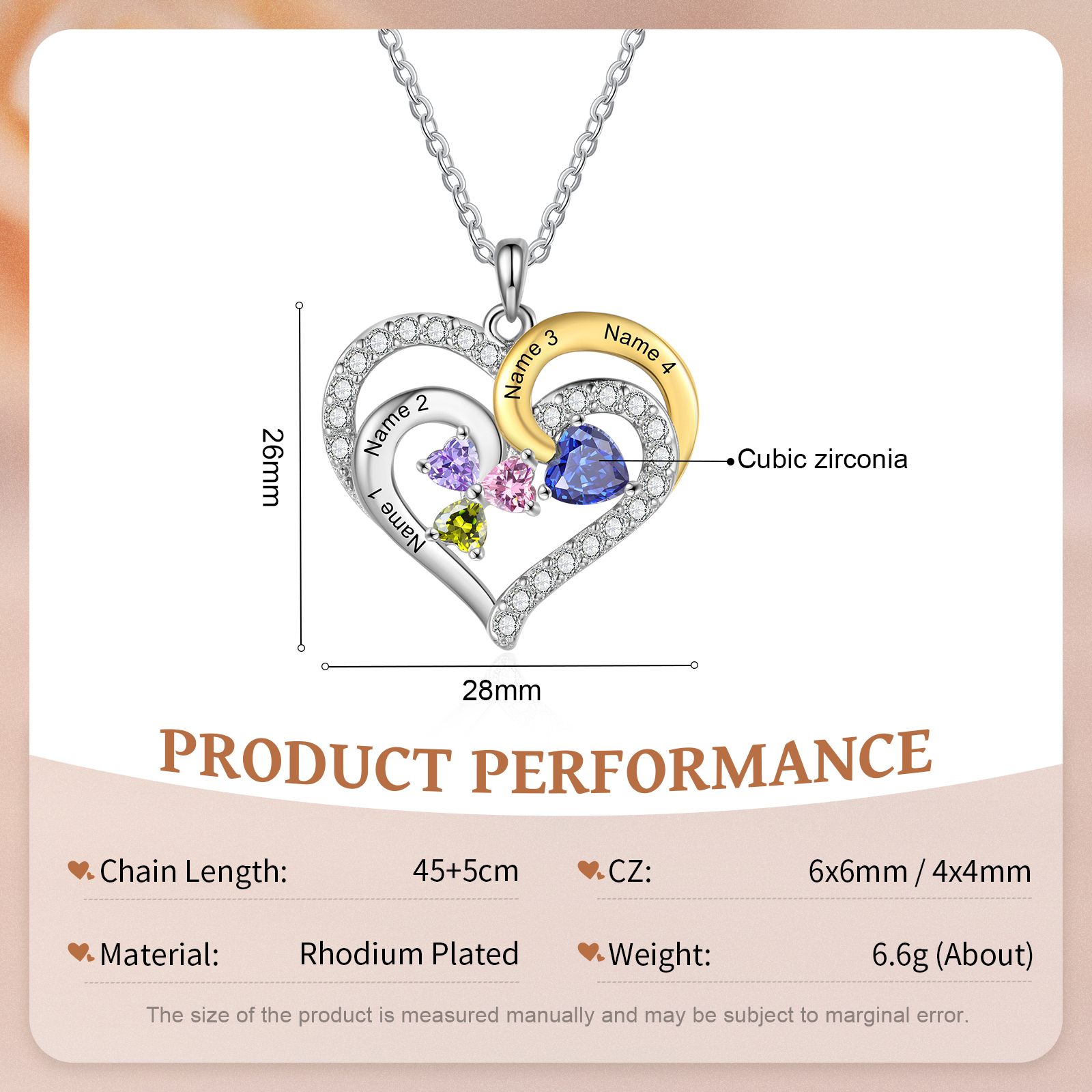 Personalised Heart Necklace Custom 4 Birthstones and Names Jewelry Ideal Christmas Gift