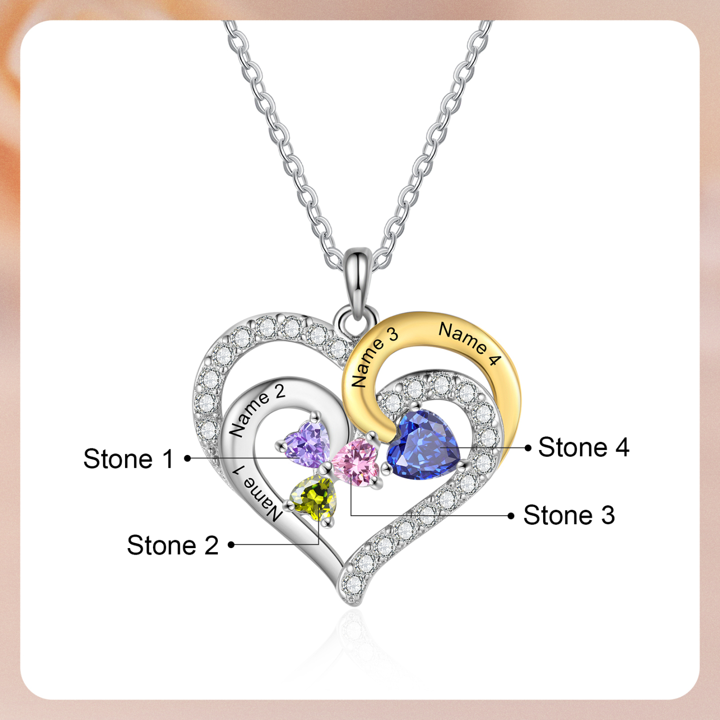 Personalised Heart Necklace Custom 4 Birthstones and Names Jewelry Ideal Christmas Gift