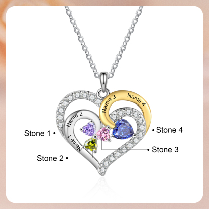 Personalised Heart Necklace Custom 4 Birthstones and Names Jewelry Ideal Christmas Gift