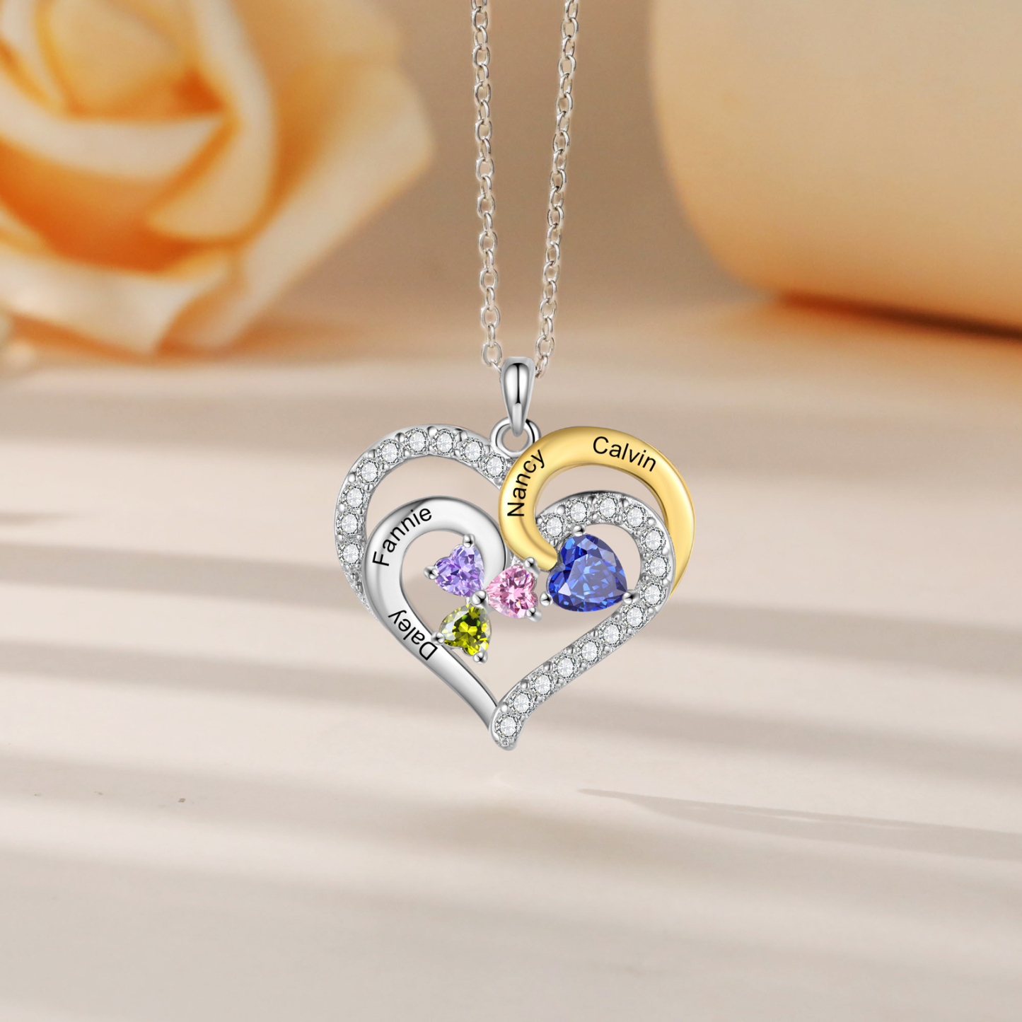 Personalised Heart Necklace Custom 4 Birthstones and Names Jewelry Ideal Christmas Gift