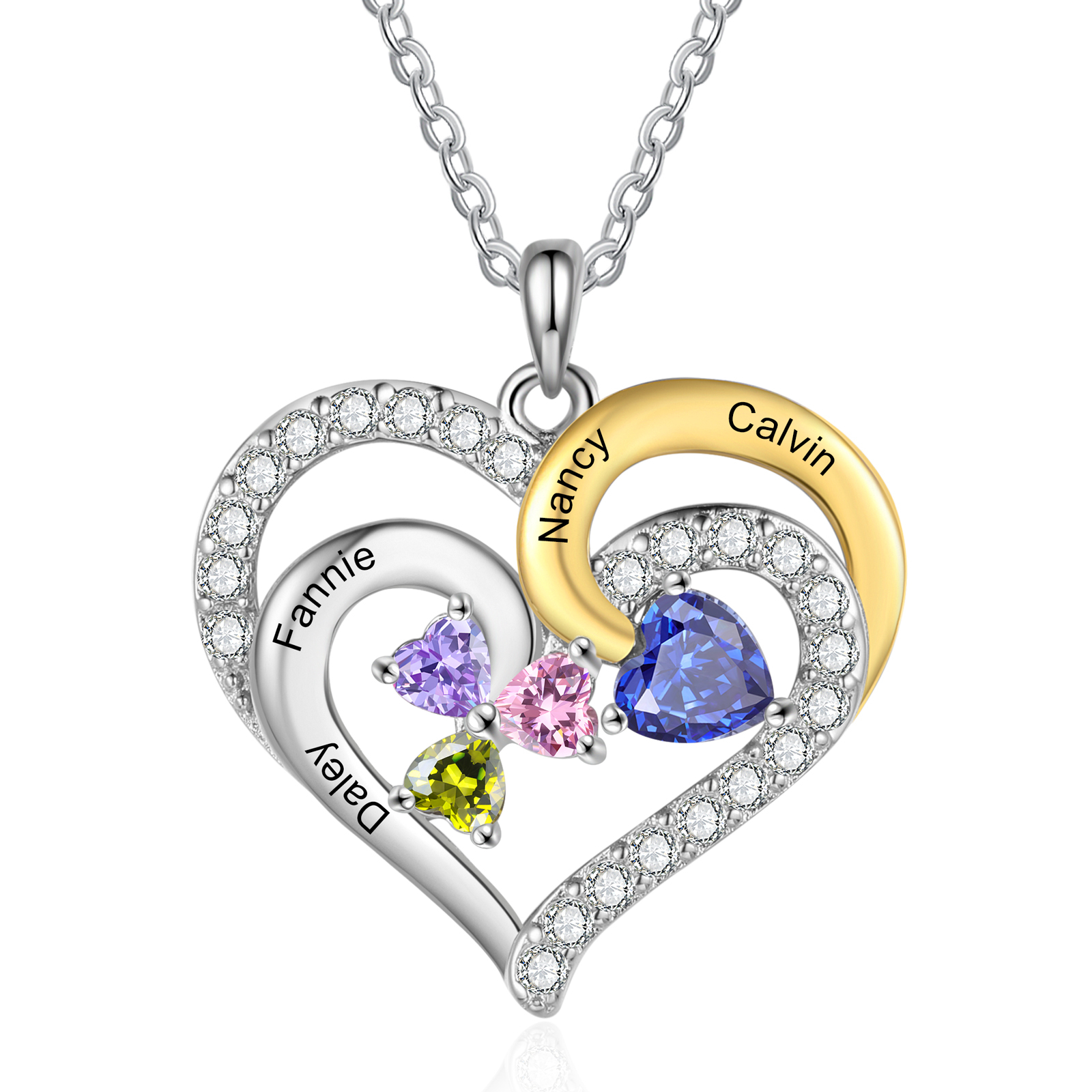Personalised Heart Necklace Custom 4 Birthstones and Names Jewelry Ideal Christmas Gift