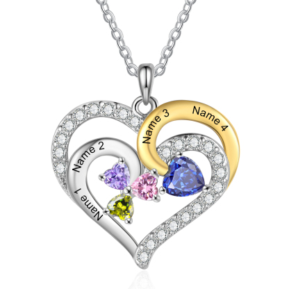 Personalised Heart Necklace Custom 4 Birthstones and Names Jewelry Ideal Christmas Gift