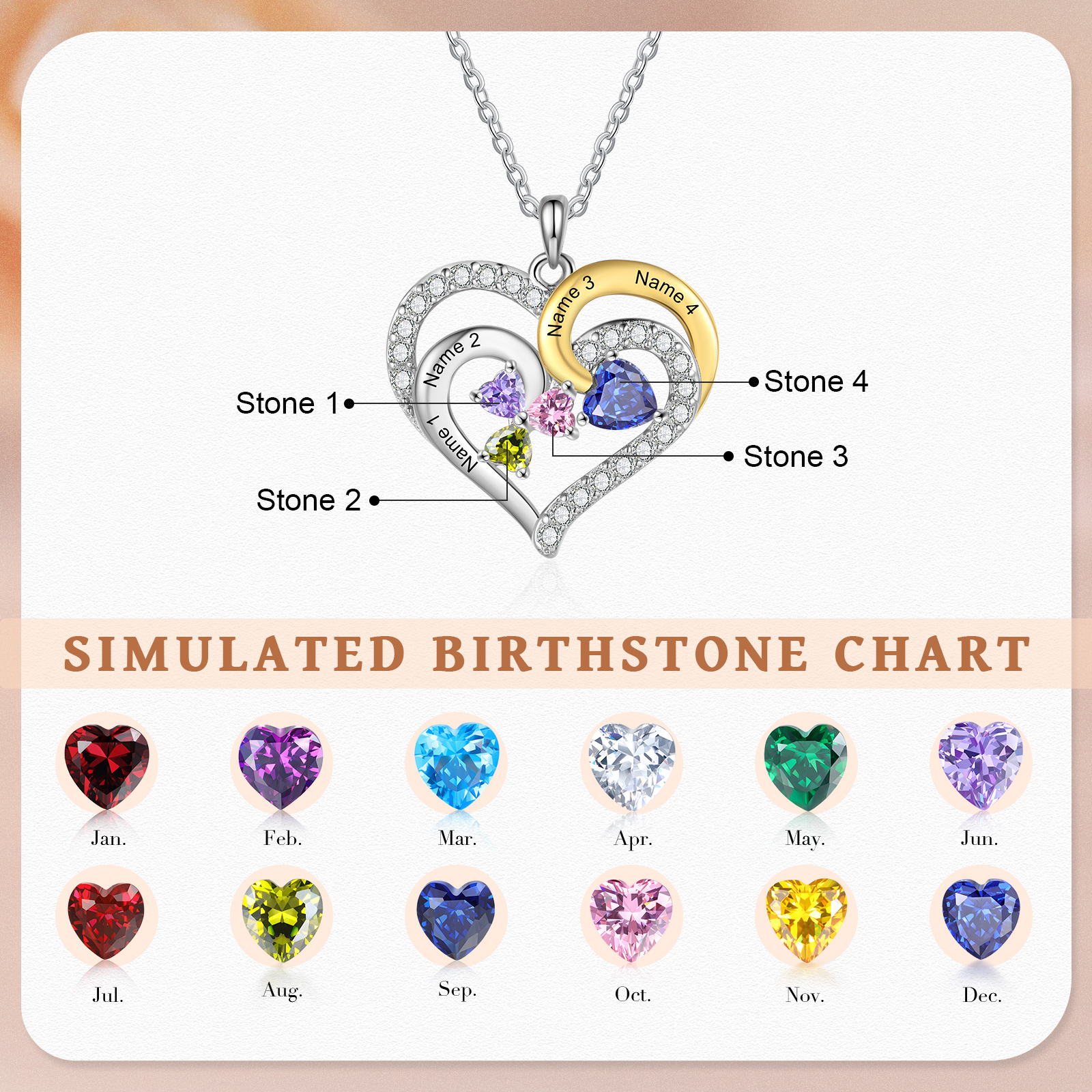Personalised Heart Necklace Custom 4 Birthstones and Names Jewelry Ideal Christmas Gift