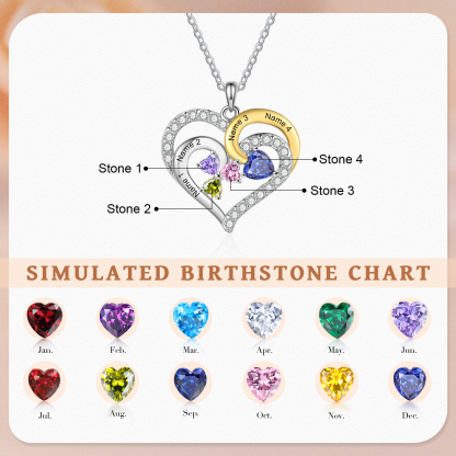 Personalised Heart Necklace Custom 4 Birthstones and Names Jewelry Ideal Christmas Gift