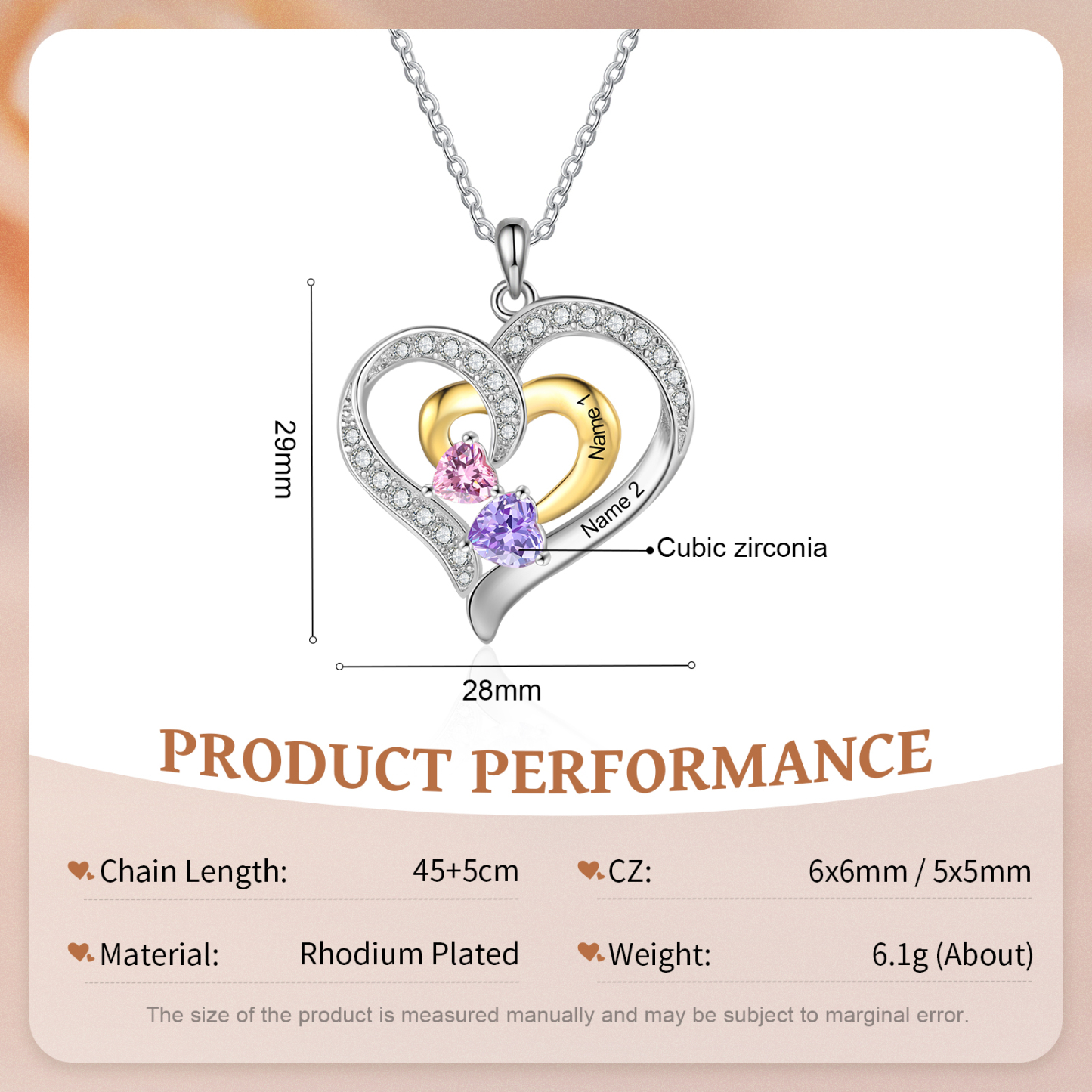 Personalised Double Heart Necklace Custom 2 Birthstones & 2 Names Ideal Christmas Gift-Jessemade AU