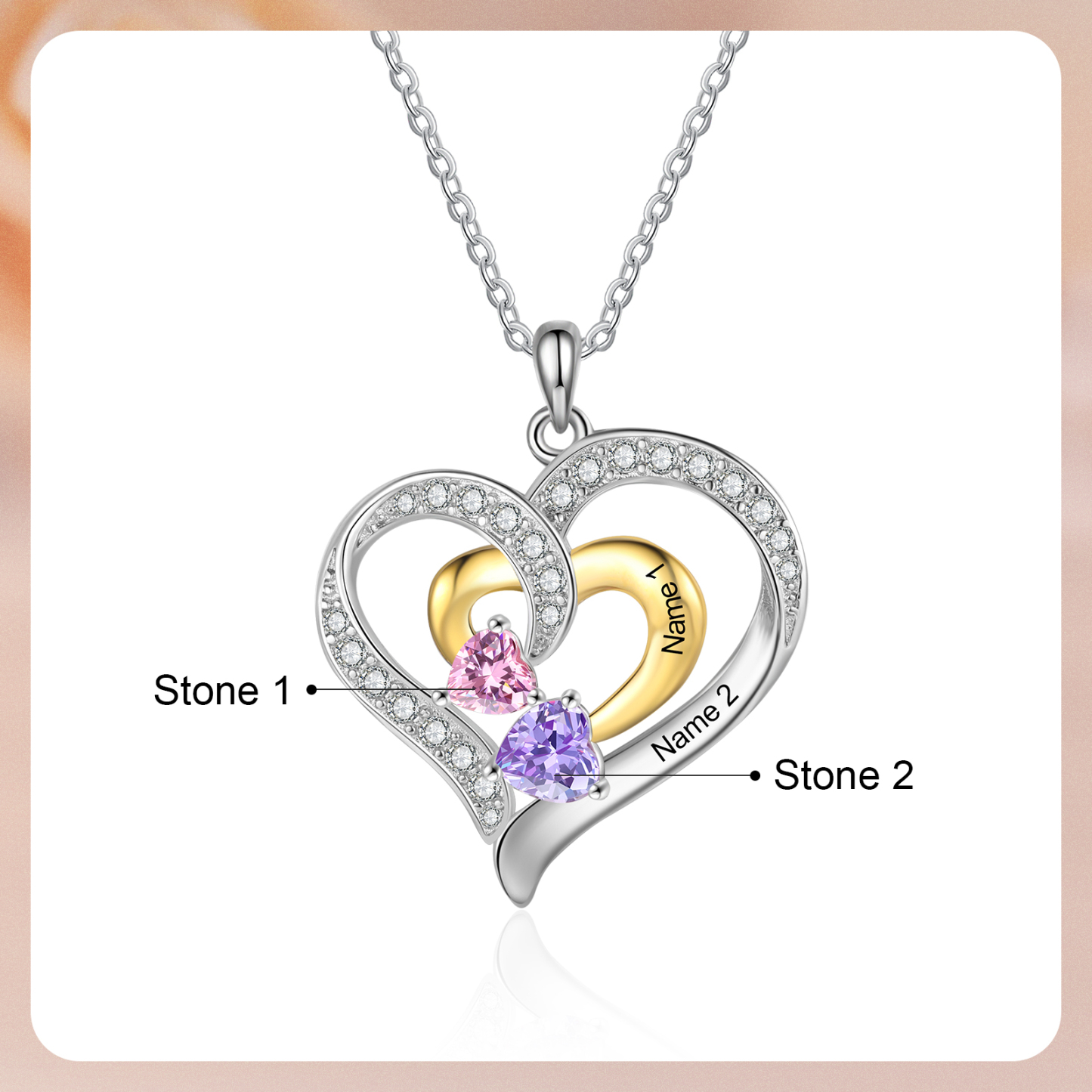 Personalised Double Heart Necklace Custom 2 Birthstones & 2 Names Ideal Christmas Gift-Jessemade AU