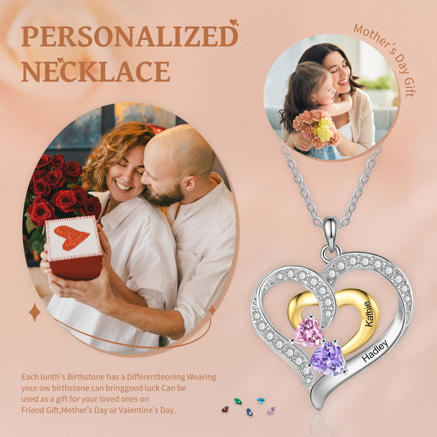 Personalised Double Heart Necklace Custom 2 Birthstones & 2 Names Ideal Christmas Gift-Jessemade AU