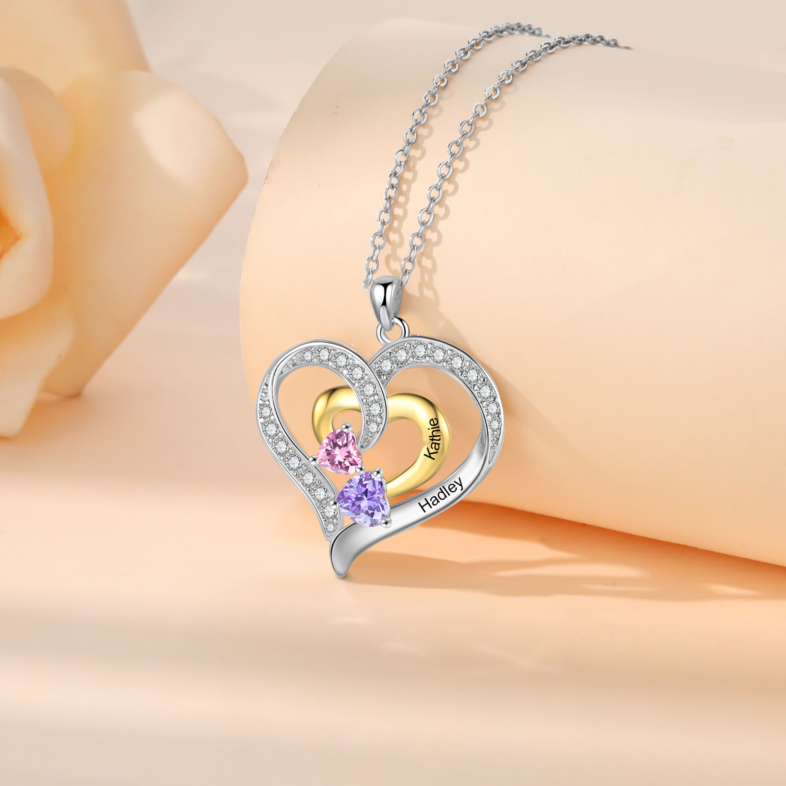 Personalised Double Heart Necklace Custom 2 Birthstones & 2 Names Ideal Christmas Gift-Jessemade AU