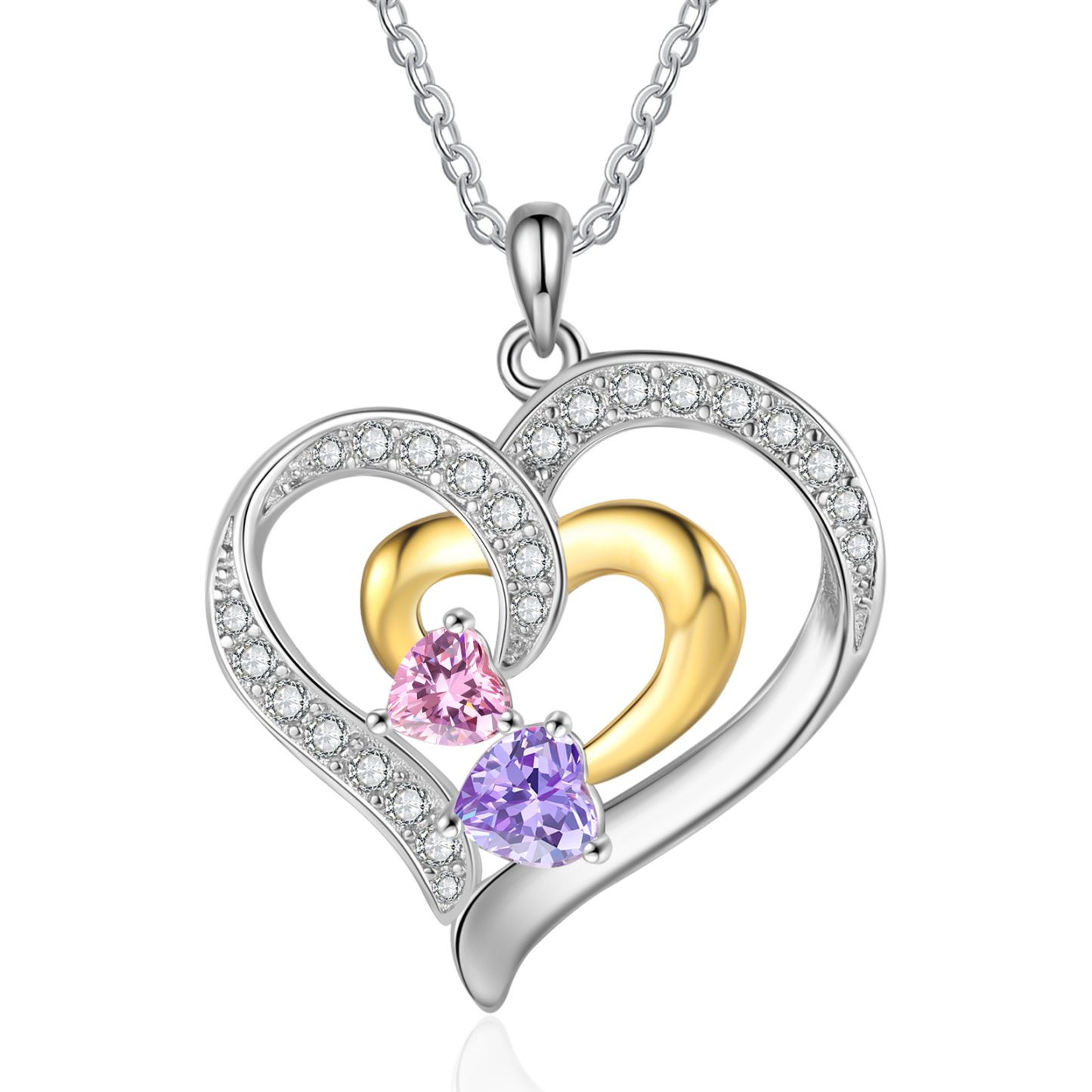 Personalised Double Heart Necklace Custom 2 Birthstones & 2 Names Ideal Christmas Gift-Jessemade AU