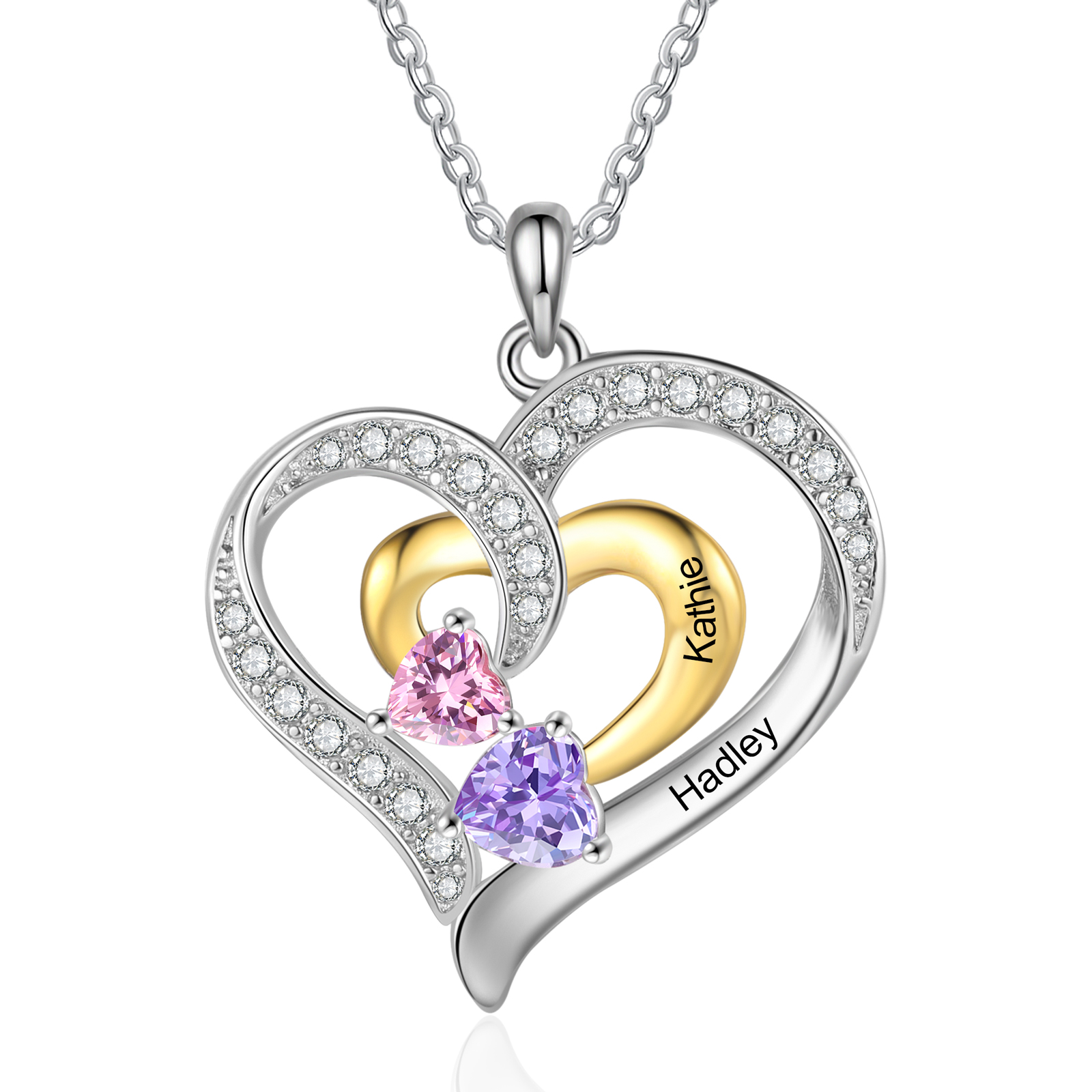Personalised Heart Necklace Custom 2 Birthstones & 2 Names Ideal Christmas Gift