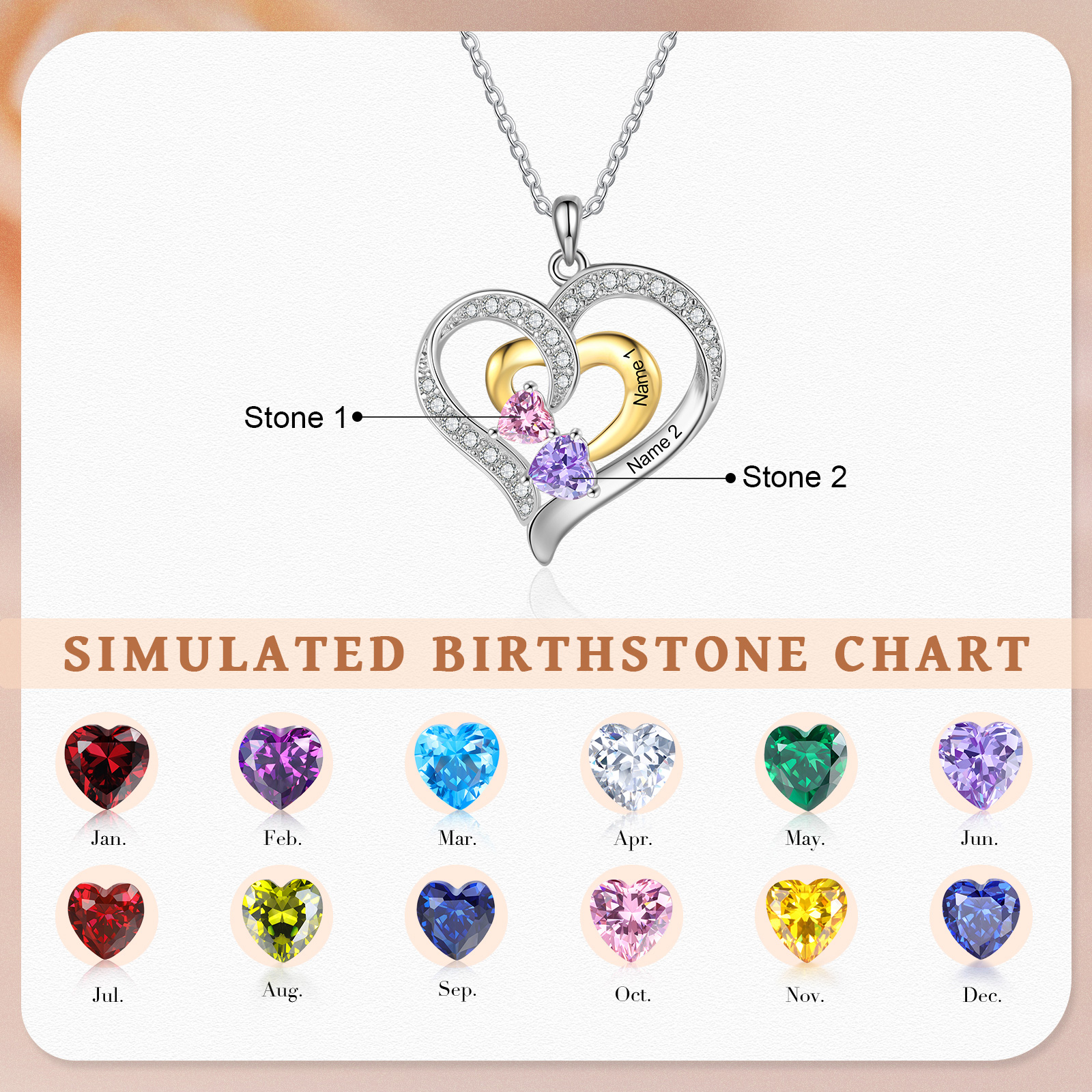 Personalised Heart Necklace Custom 2 Birthstones & 2 Names Ideal Christmas Gift