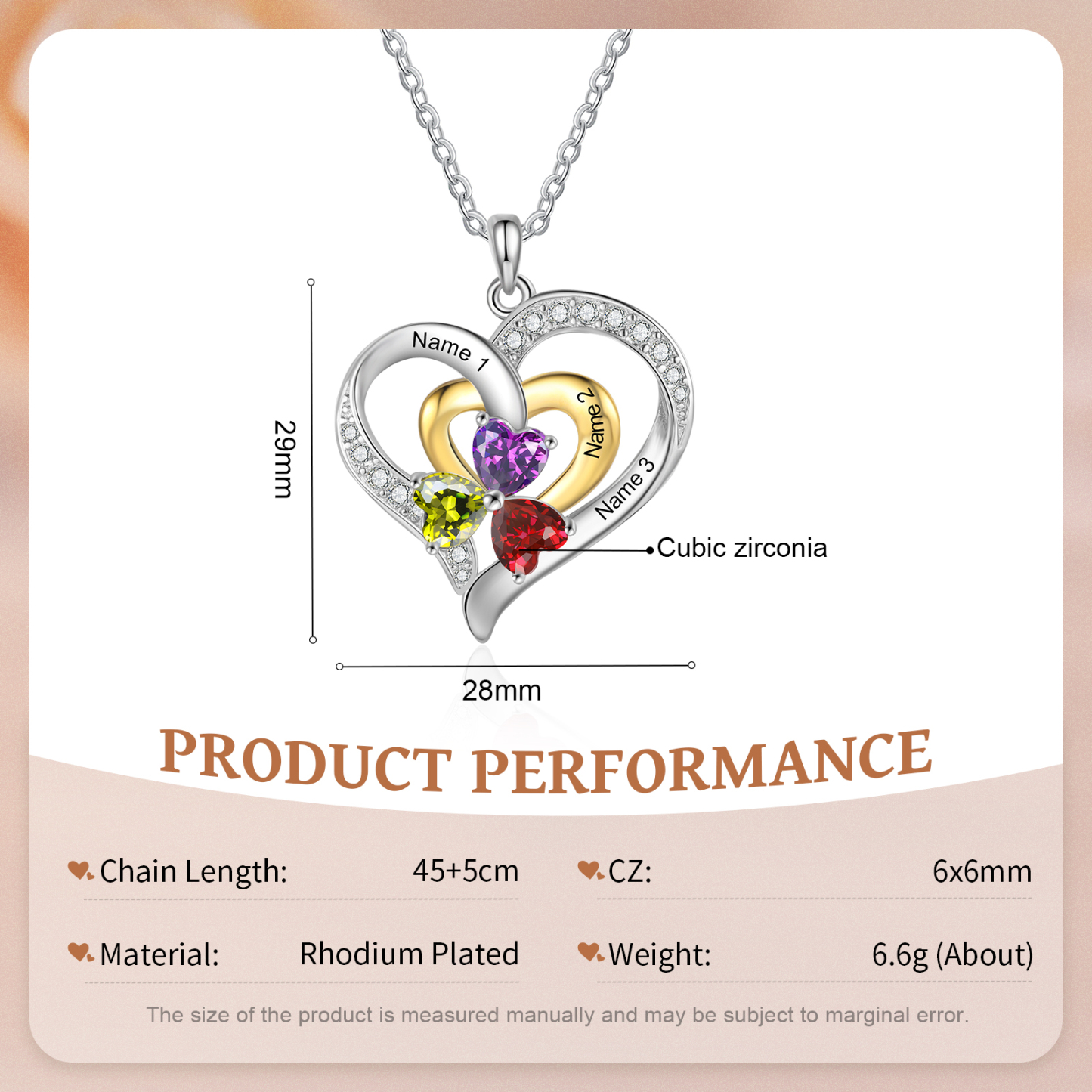 Personalised Double Heart Necklace Custom Birthstone Pendant with 3 Names and Birthstones Ideal Christmas Gift-Jessemade AU