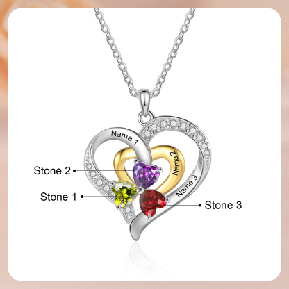 Personalised Double Heart Necklace Custom Birthstone Pendant with 3 Names and Birthstones Ideal Christmas Gift-Jessemade AU