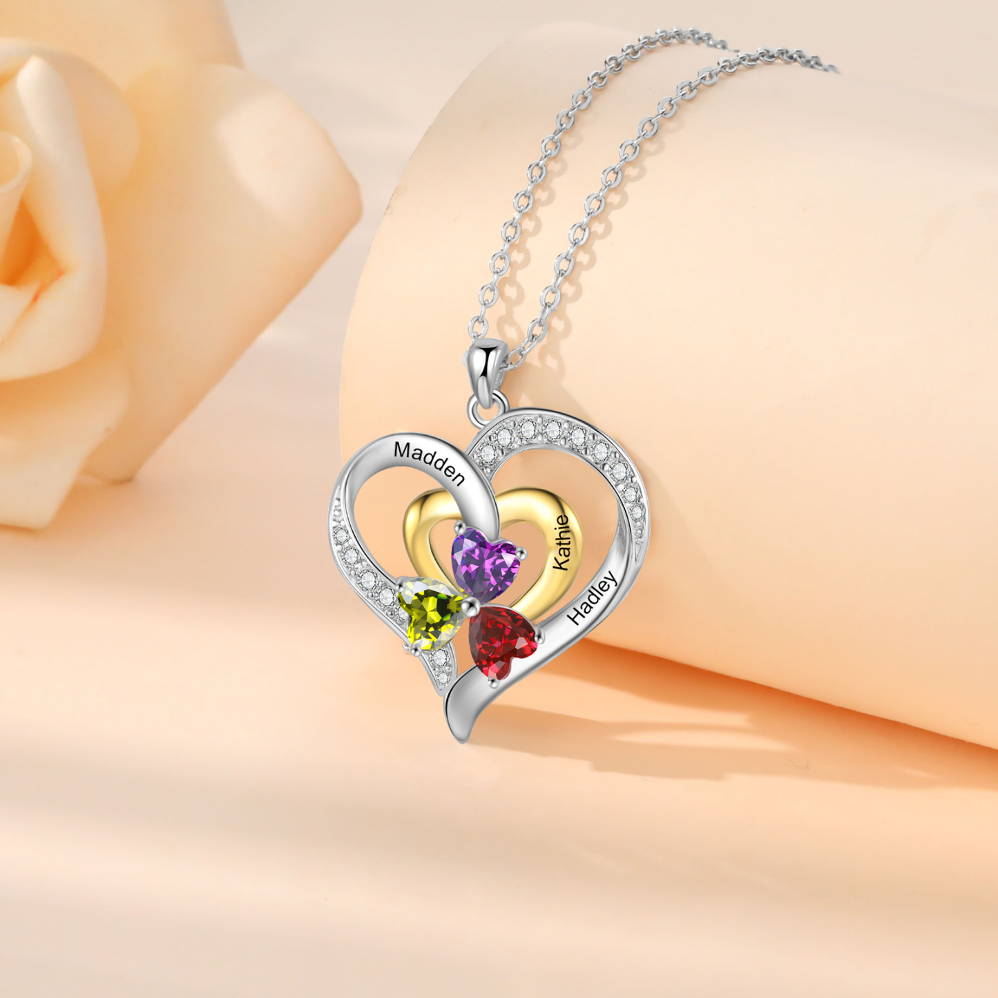 Personalised Double Heart Necklace Custom Birthstone Pendant with 3 Names and Birthstones Ideal Christmas Gift-Jessemade AU
