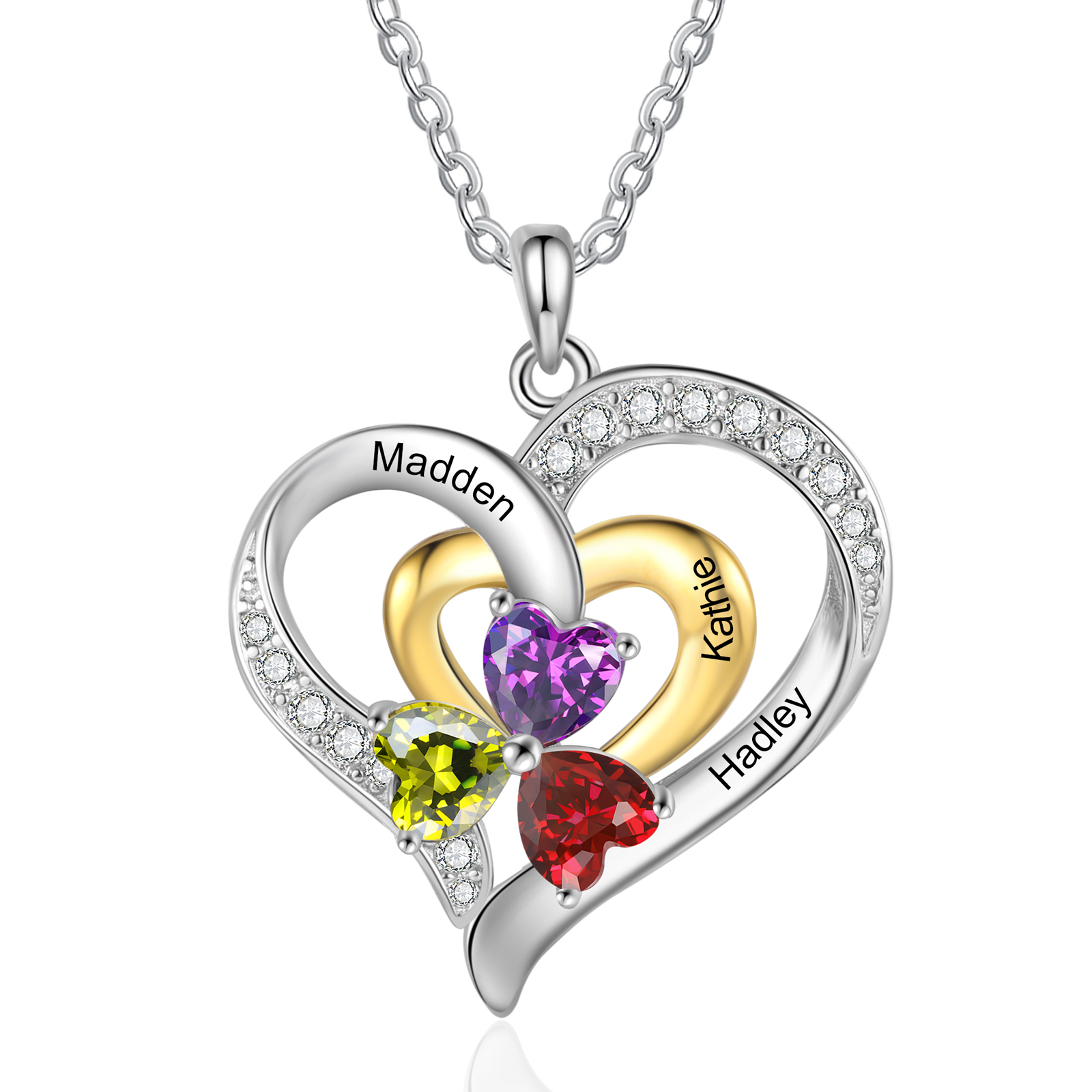 Personalised Heart Necklace Custom Birthstone Pendant with 3 Names and Birthstones Ideal Christmas Gift