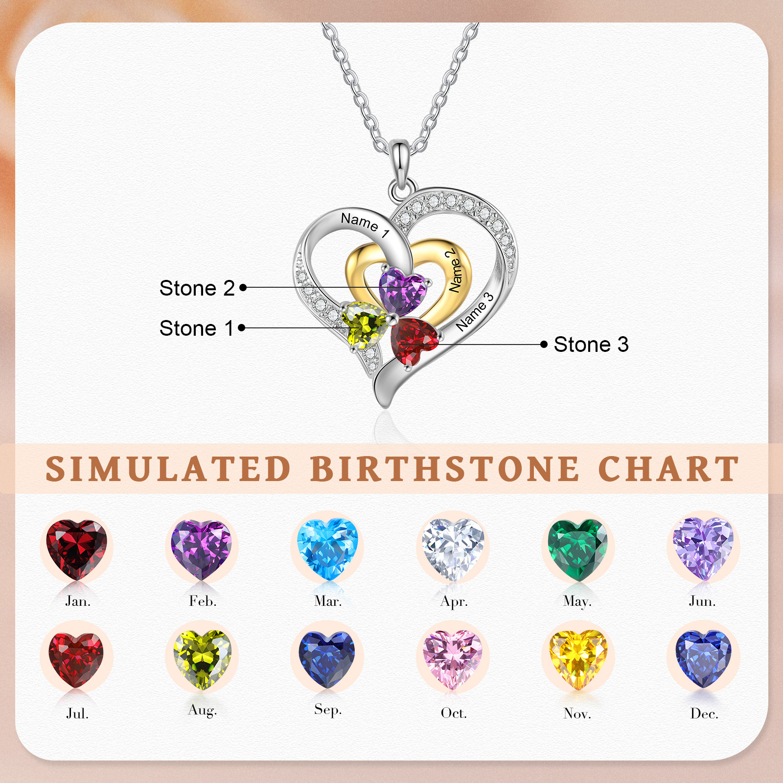 Personalised Heart Necklace Custom Birthstone Pendant with 3 Names and Birthstones Ideal Christmas Gift