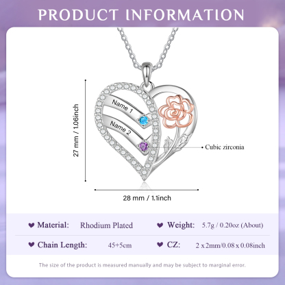 Personalised Heart & Flower Birthstone Necklace Custom 2 Family Names Mother Necklace Christmas Gift-Jessemade AU