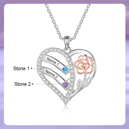 Personalised Heart & Flower Birthstone Necklace Custom 2 Family Names Mother Necklace Christmas Gift-Jessemade AU