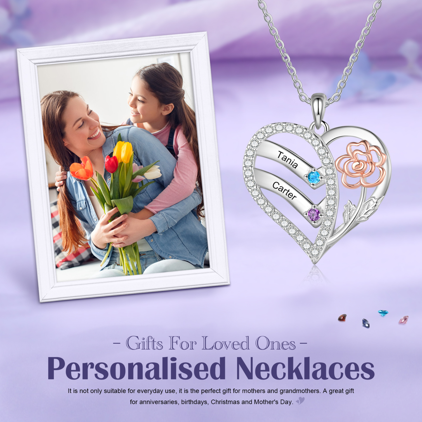 Personalised Heart & Flower Birthstone Necklace Custom 2 Family Names Mother Necklace Christmas Gift-Jessemade AU