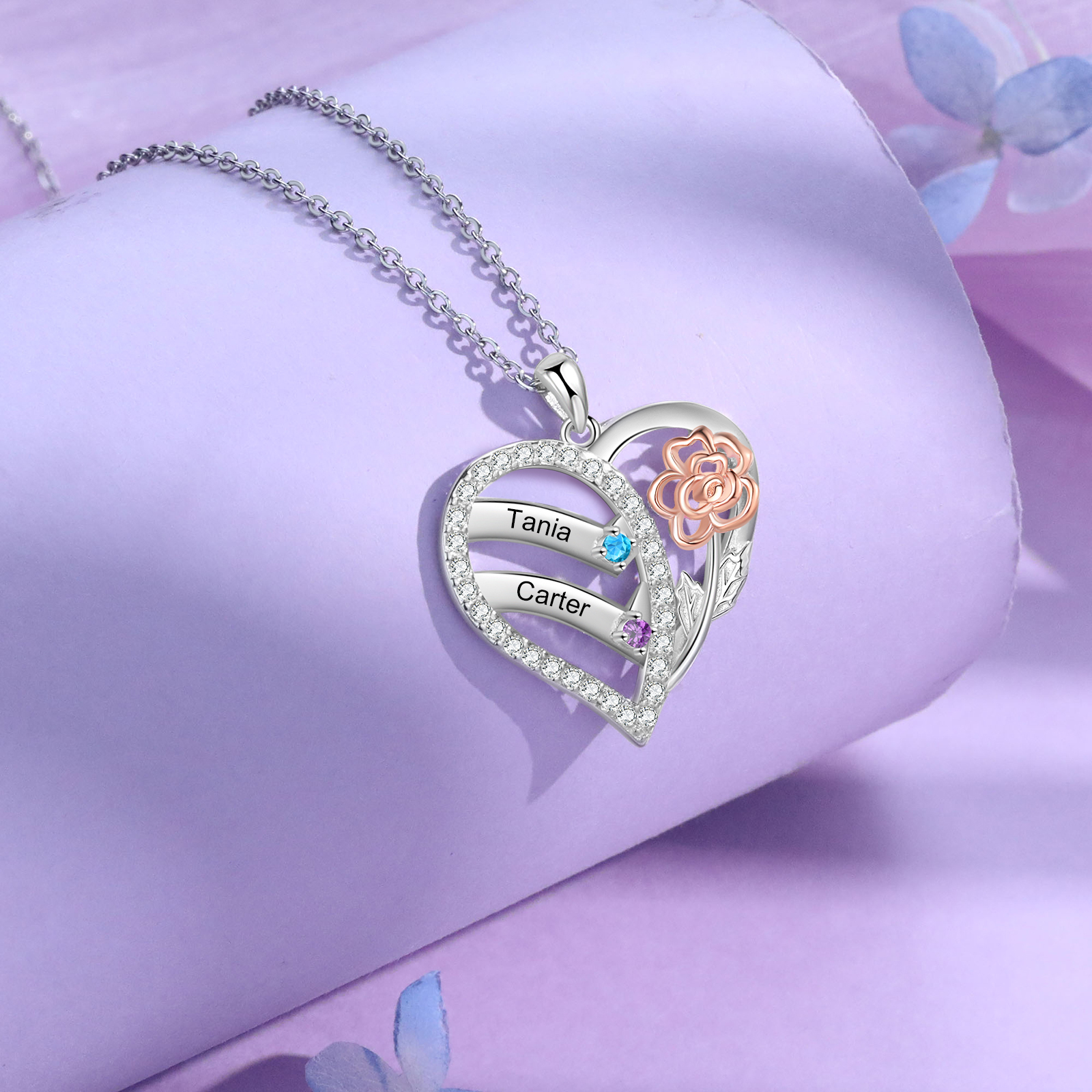 Personalised Heart & Flower Birthstone Necklace Custom 2 Family Names Mother Necklace Christmas Gift-Jessemade AU