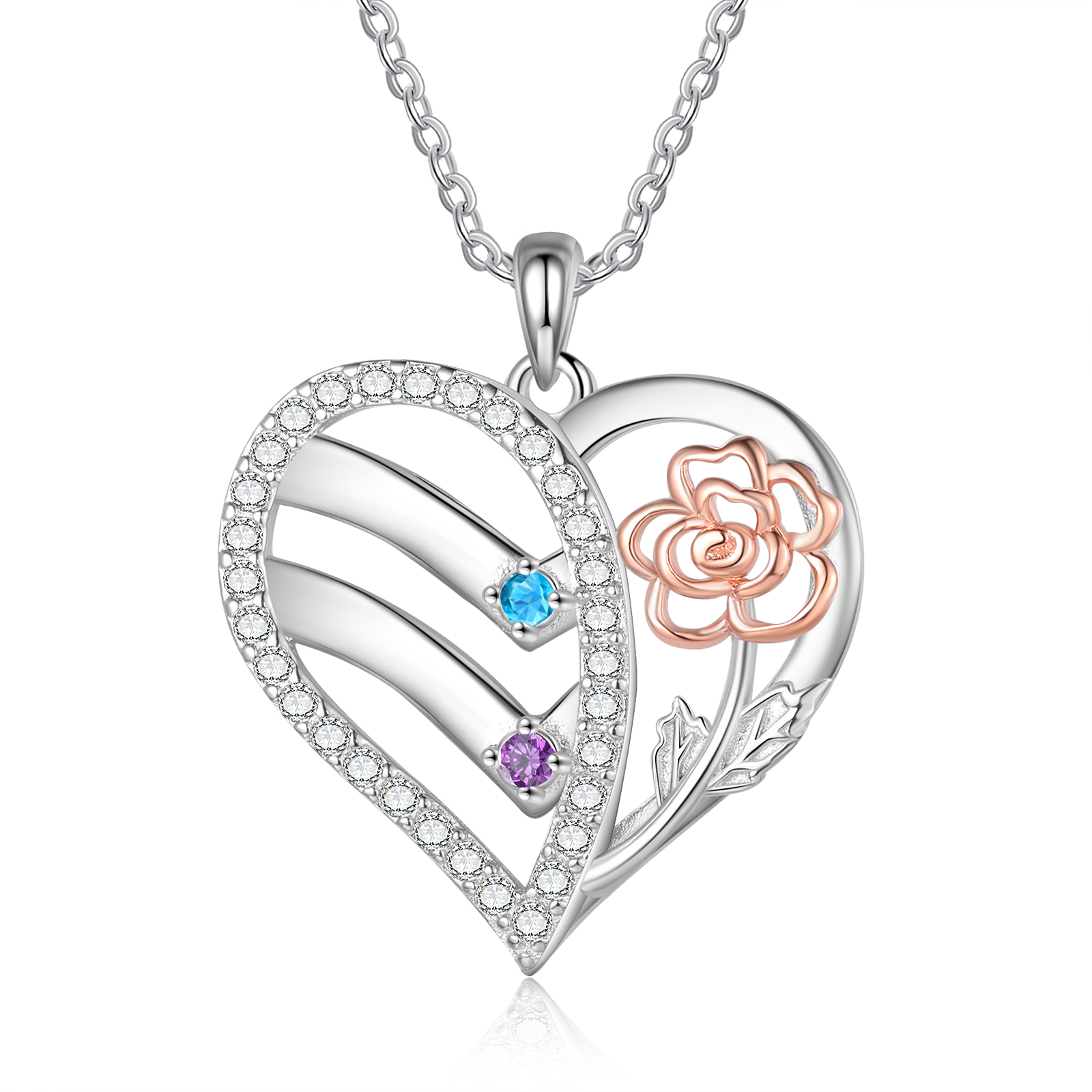 Personalised Heart & Flower Birthstone Necklace Custom 2 Family Names Mother Necklace Christmas Gift-Jessemade AU