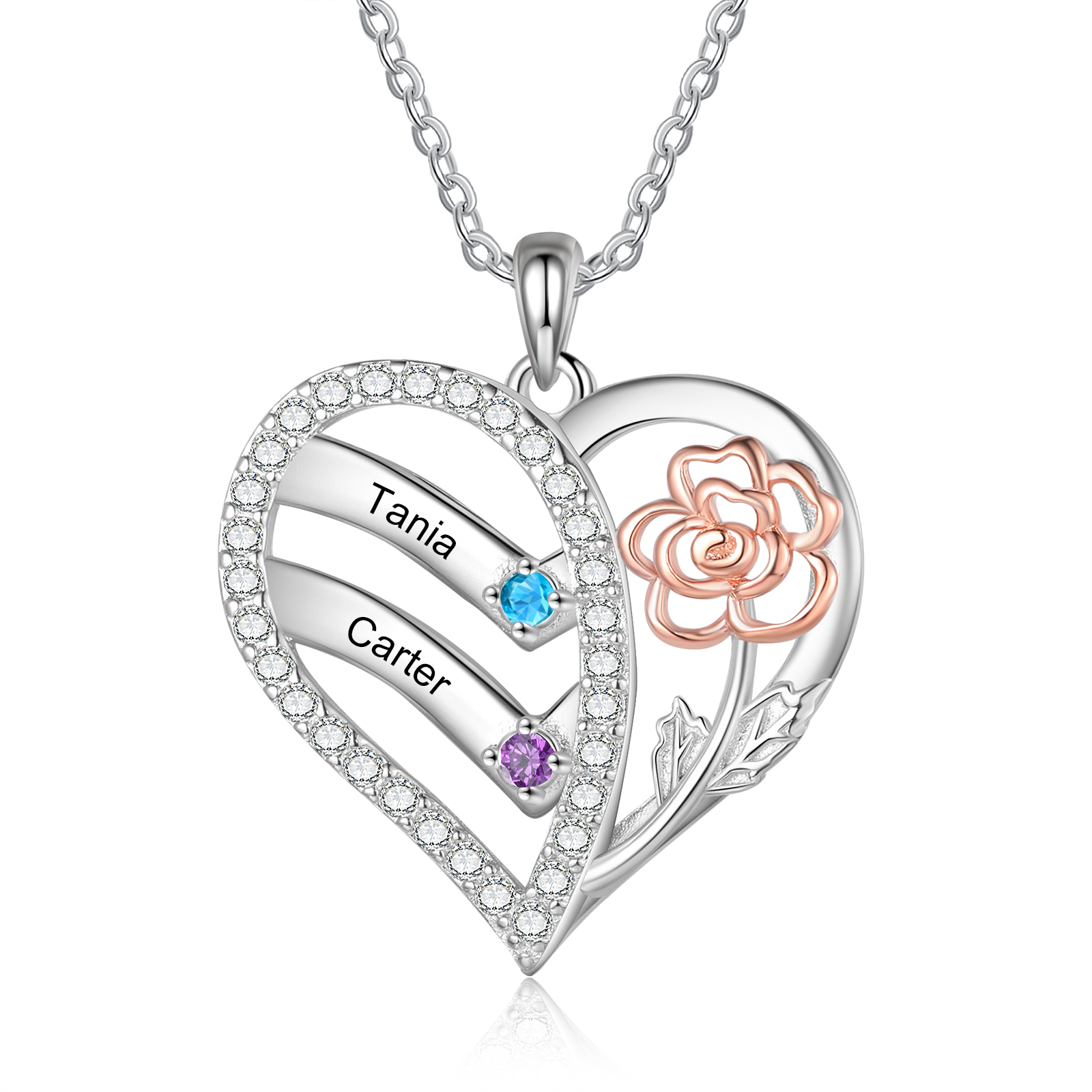 Personalised Heart & Flower Birthstone Necklace Custom 2 Family Names Mother Necklace Christmas Gift