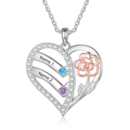 Personalised Heart & Flower Birthstone Necklace Custom 2 Family Names Mother Necklace Christmas Gift-Jessemade AU