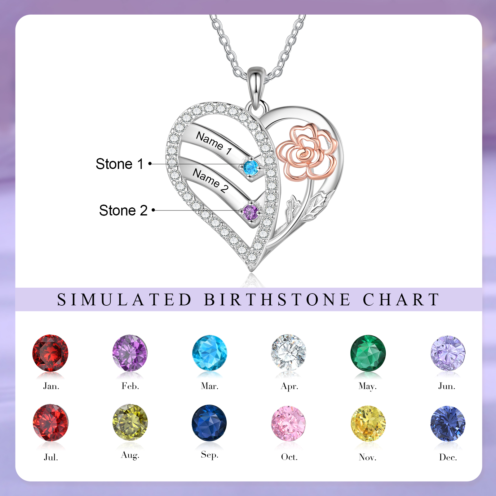 Personalised Heart & Flower Birthstone Necklace Custom 2 Family Names Mother Necklace Christmas Gift