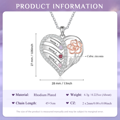 Personalised Heart & Flower Birthstone Necklace Custom 3 Family Names Mother Necklace Christmas Gift-Jessemade AU