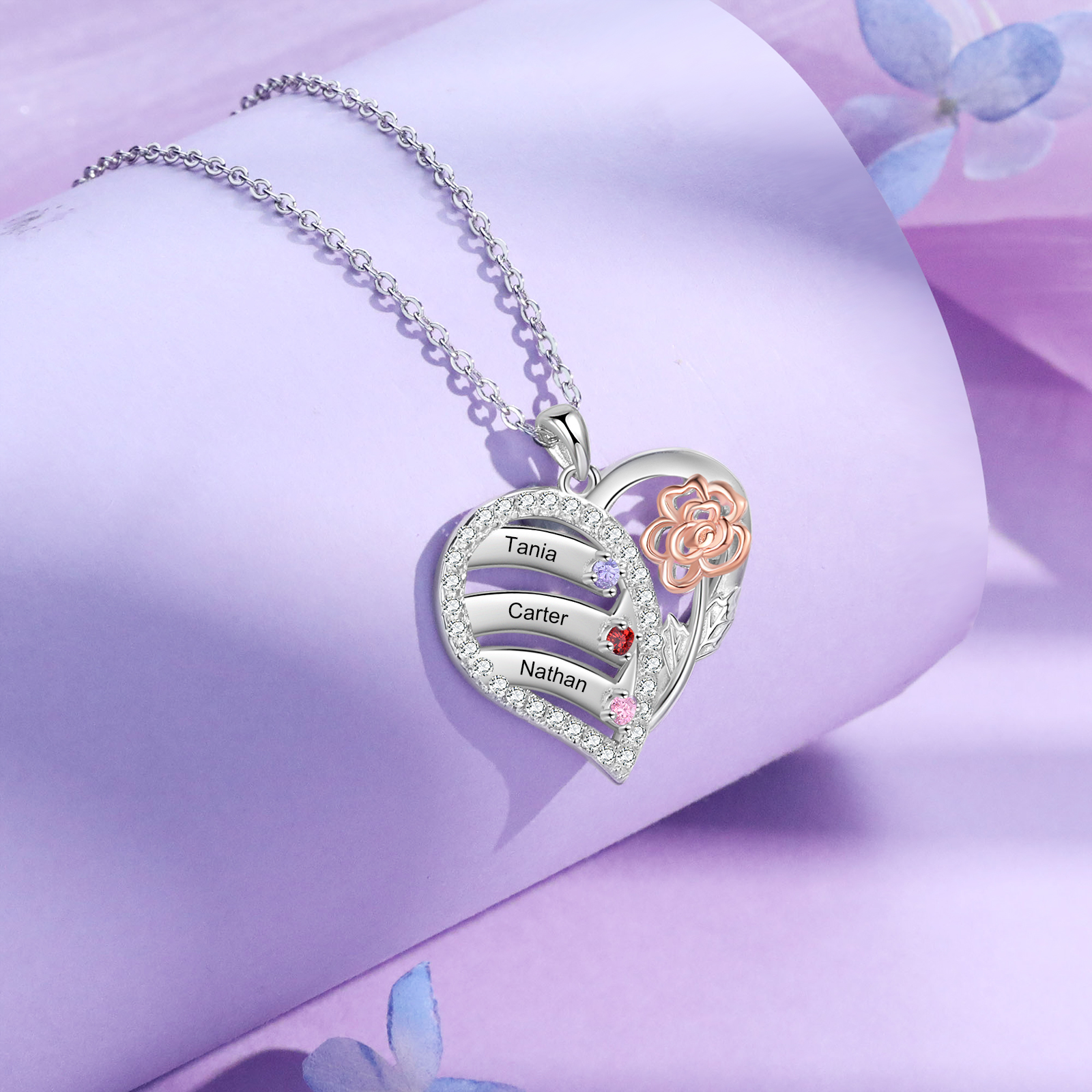 Personalised Heart & Flower Birthstone Necklace Custom 3 Family Names Mother Necklace Christmas Gift-Jessemade AU