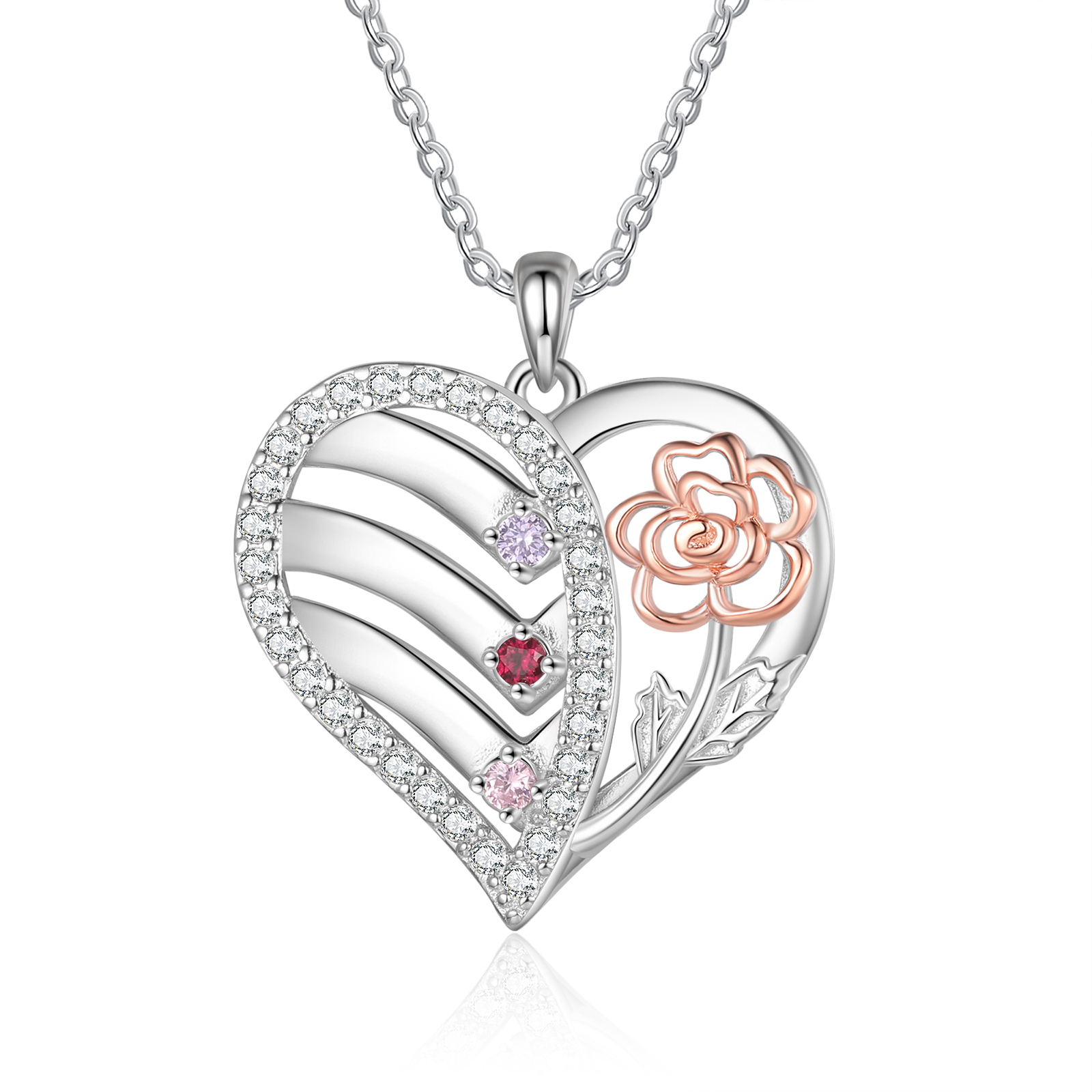 Personalised Heart & Flower Birthstone Necklace Custom 3 Family Names Mother Necklace Christmas Gift-Jessemade AU