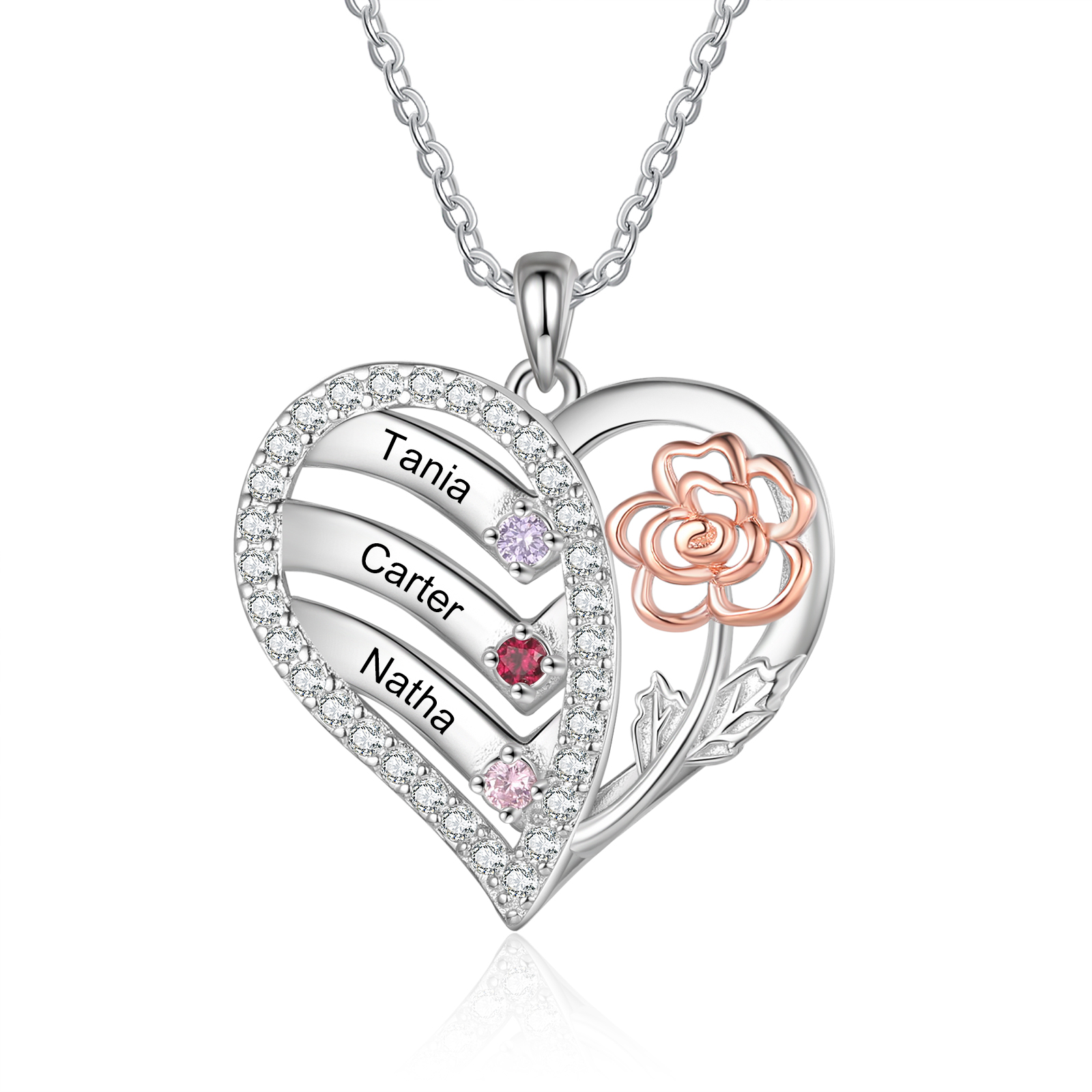 Personalised Heart & Flower Birthstone Necklace Custom 3 Family Names Mother Necklace Christmas Gift