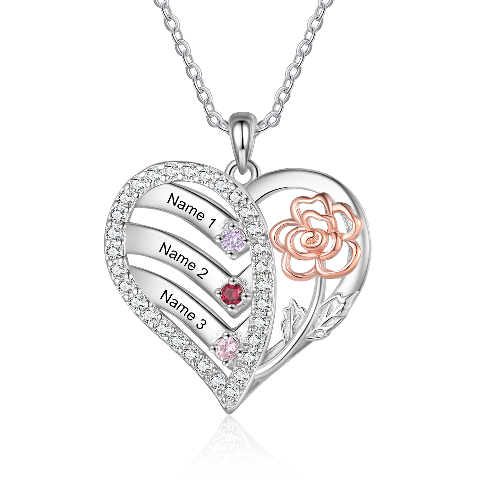 Personalised Heart & Flower Birthstone Necklace Custom 3 Family Names Mother Necklace Christmas Gift-Jessemade AU